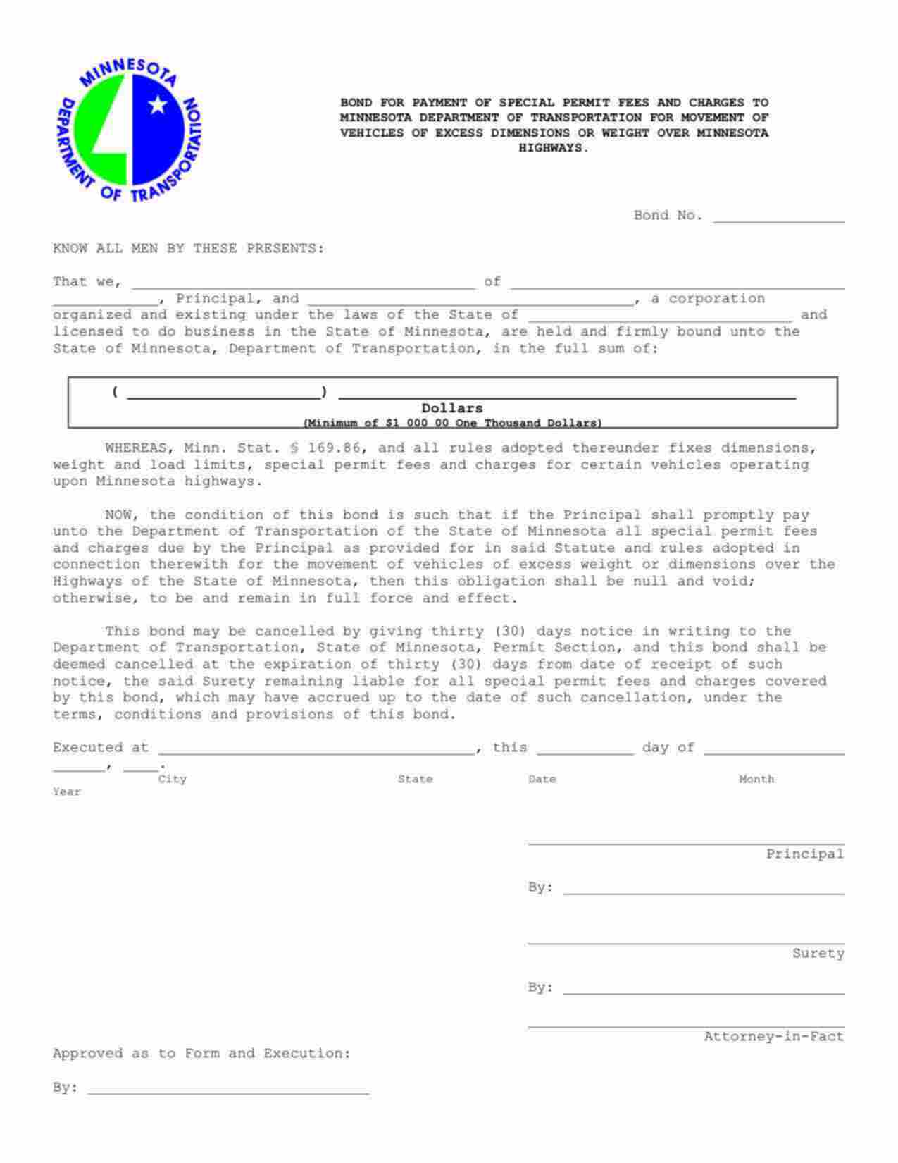 Minnesota Movement of Vehicles of Excess Dimensions or Weight Bond Form