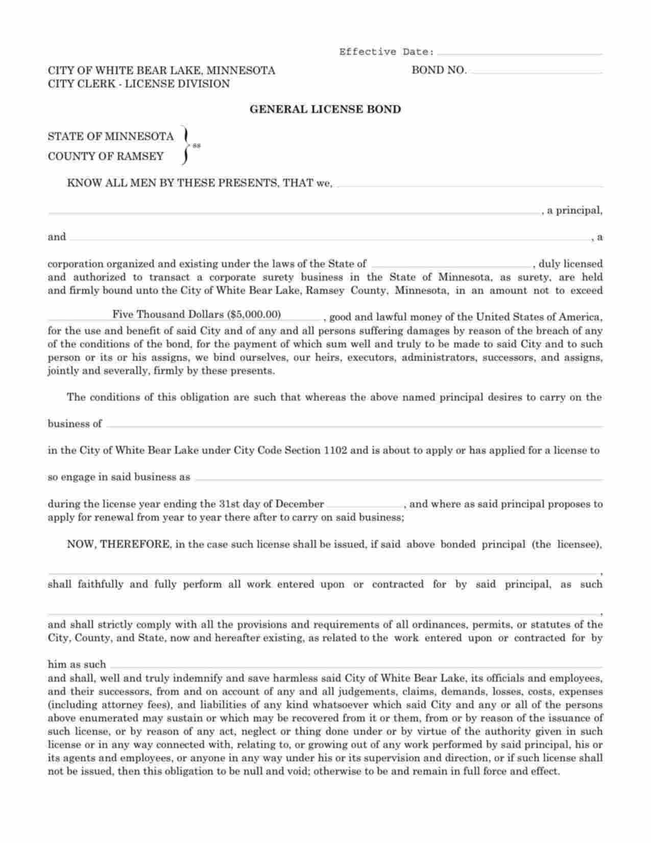 Minnesota General License Bond Form