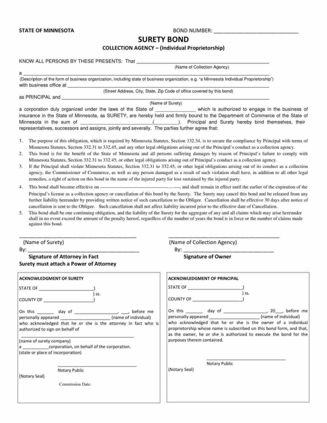Minnesota Collection Agency (Individual) Bond Form