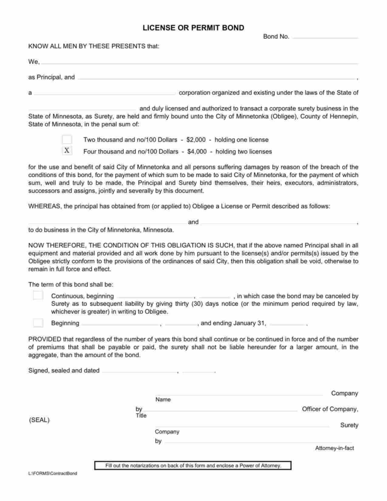 Minnesota License or Permit: Holding 2 or more licenses Bond Form