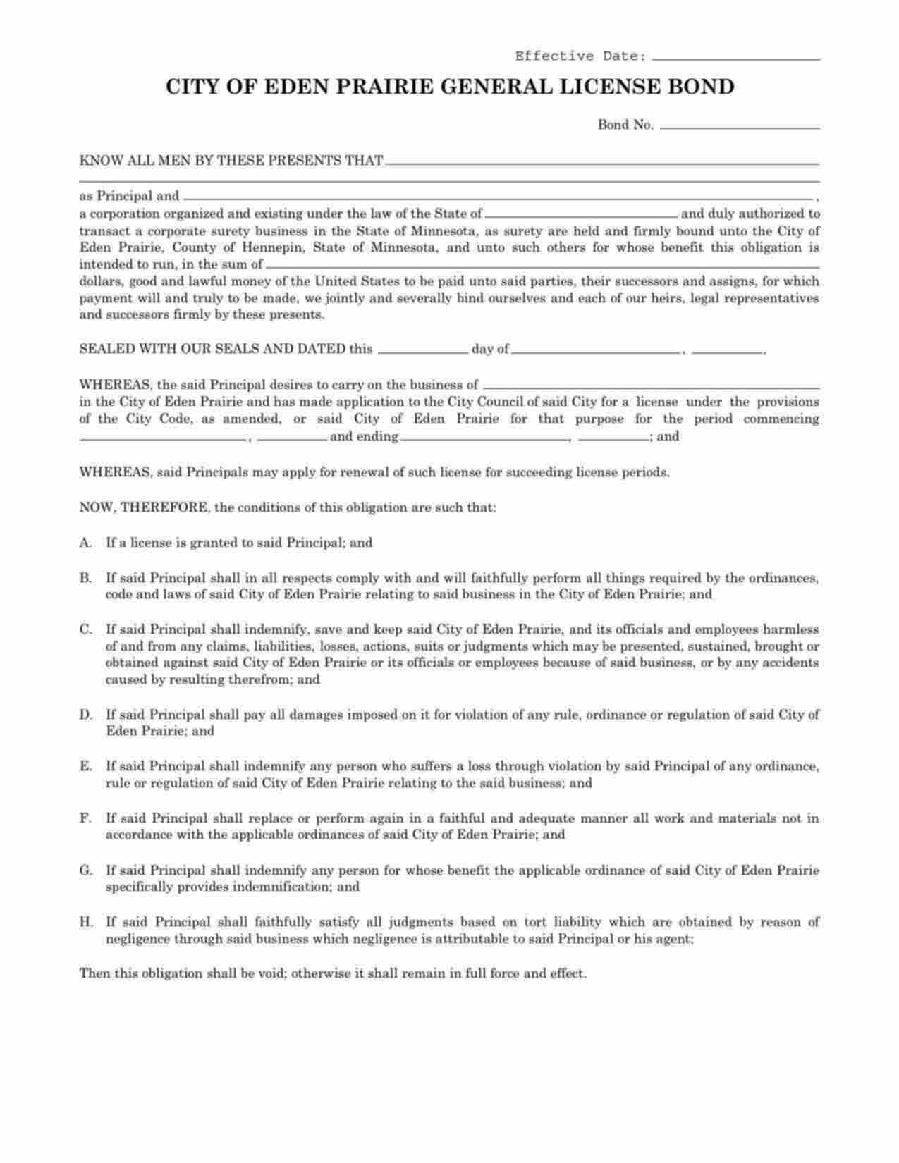 Minnesota General License Bond Form