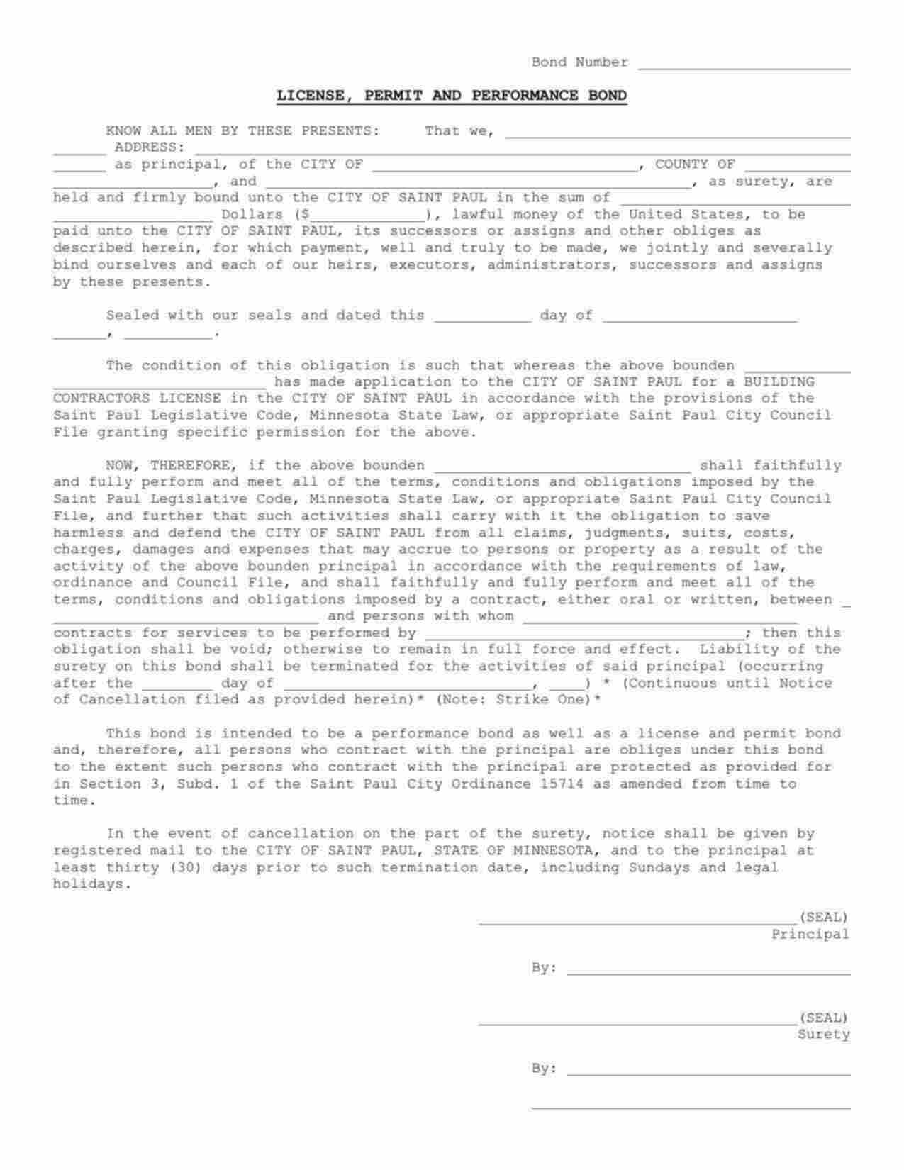 Minnesota Building Contractors License Bond Form