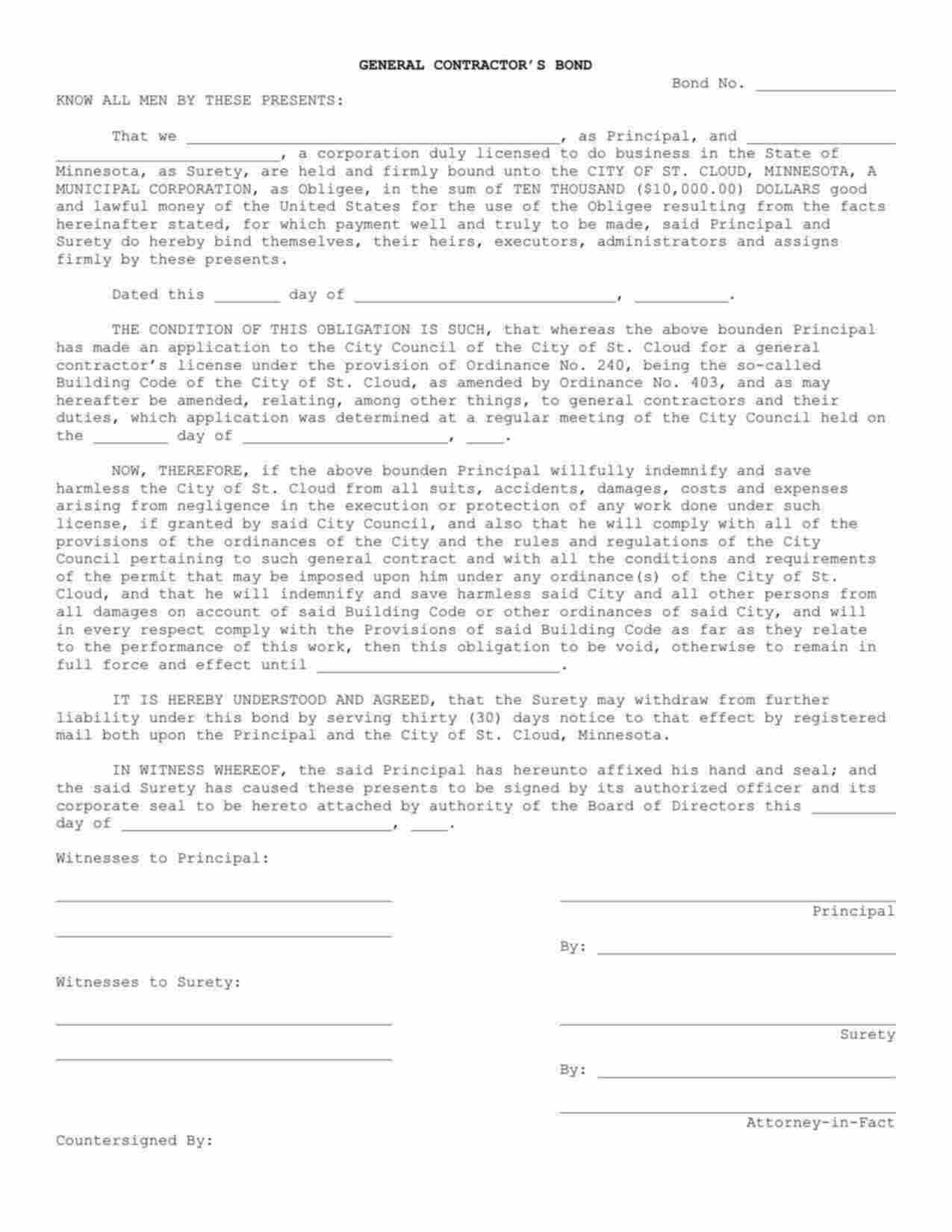 Minnesota General Contractor Bond Form