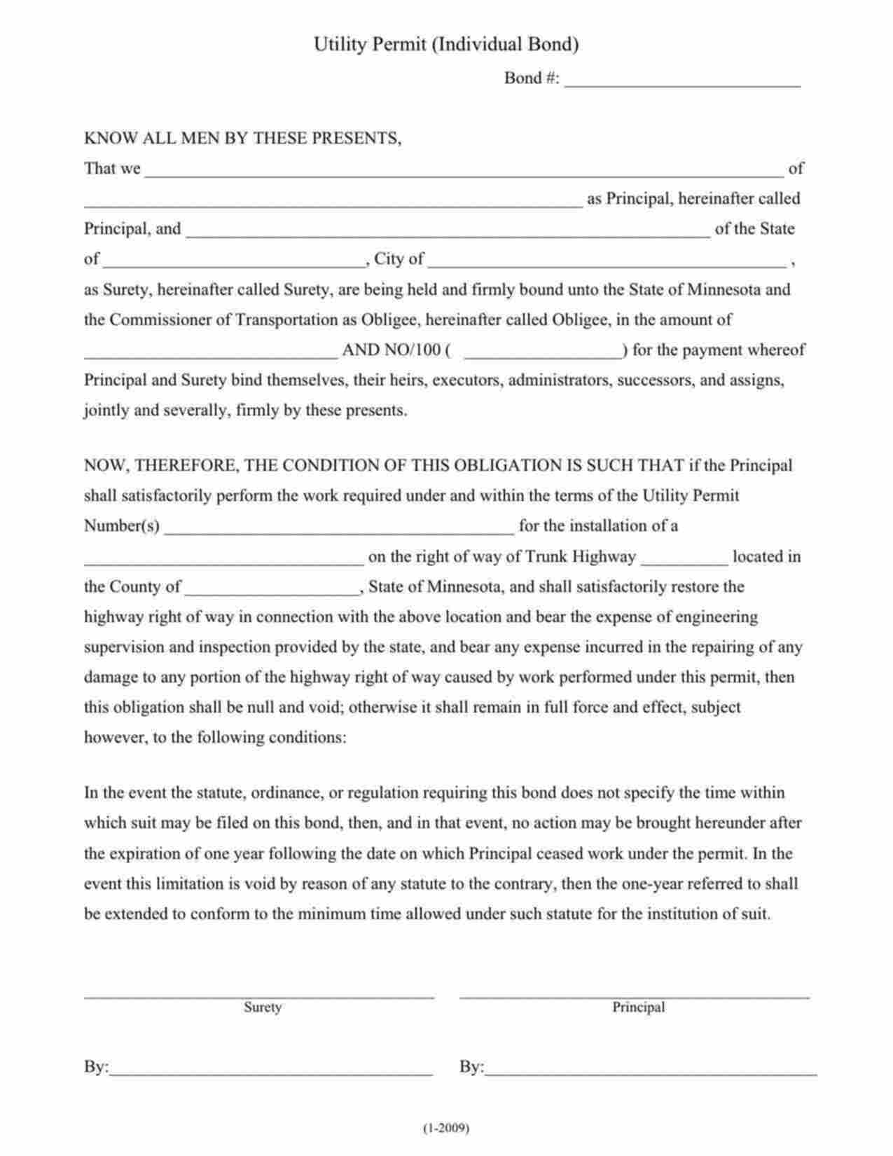 Minnesota Utility Contractor (Individual Permit) Bond Form