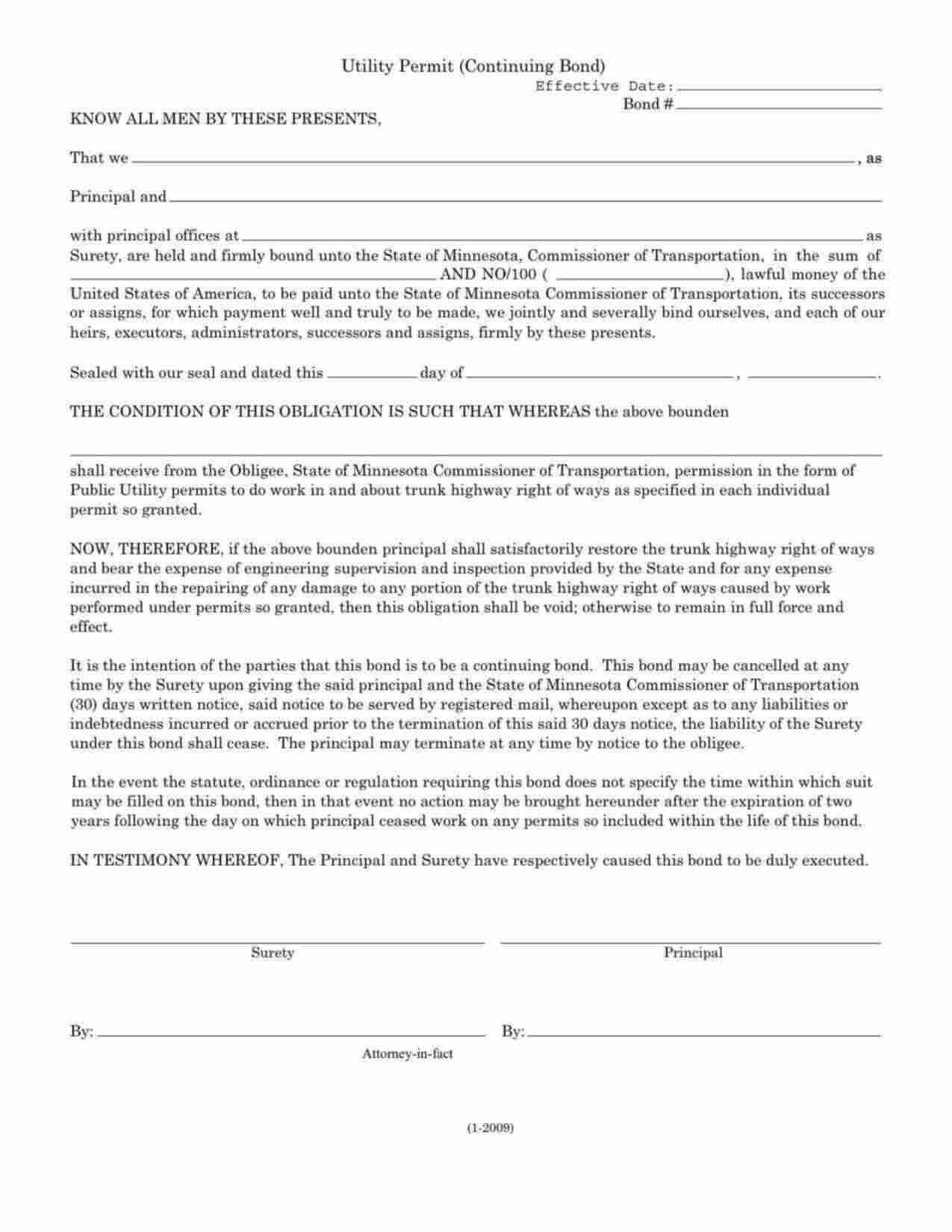 Minnesota Utility Contractor (Continuing) Bond Form