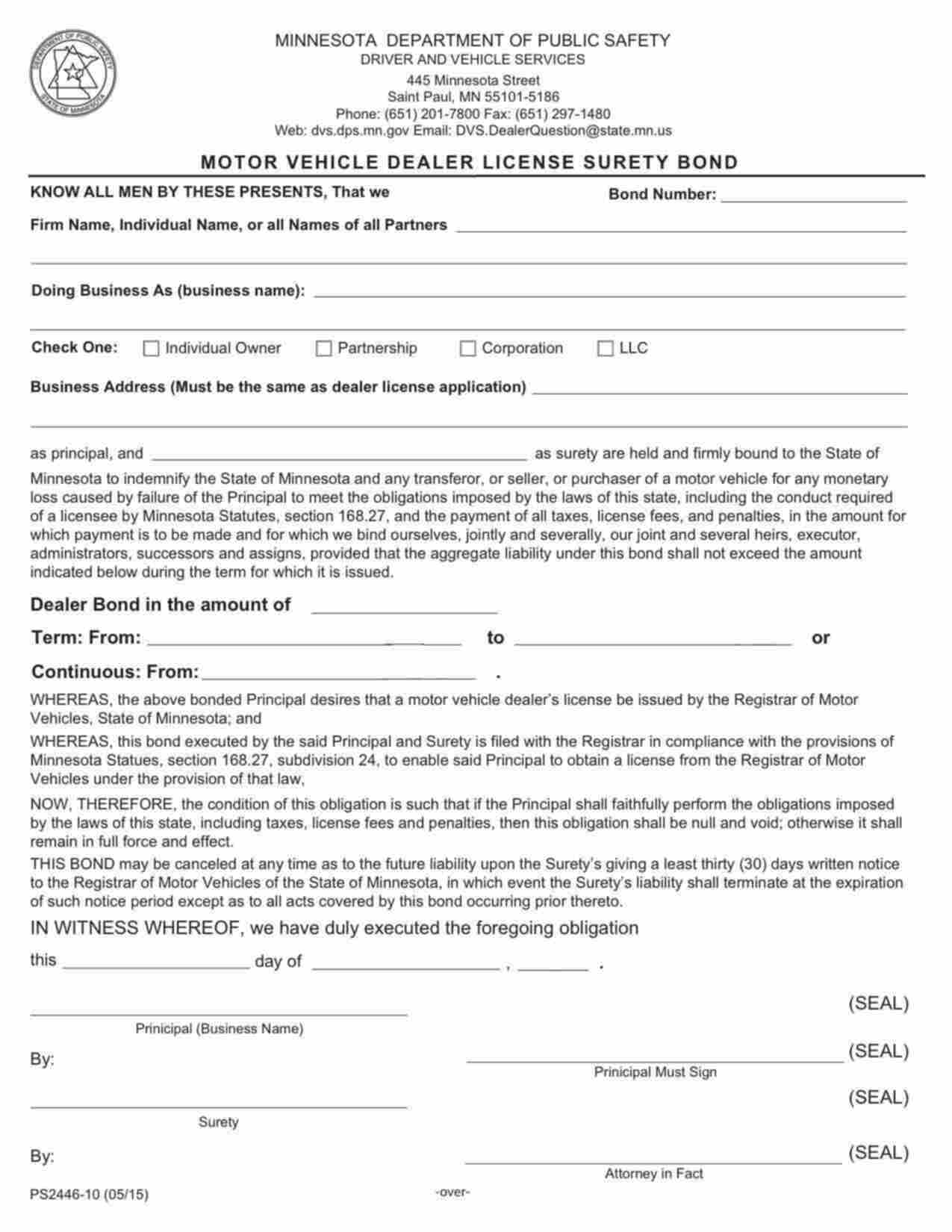 Minnesota Motor Vehicle Dealer Bond Form
