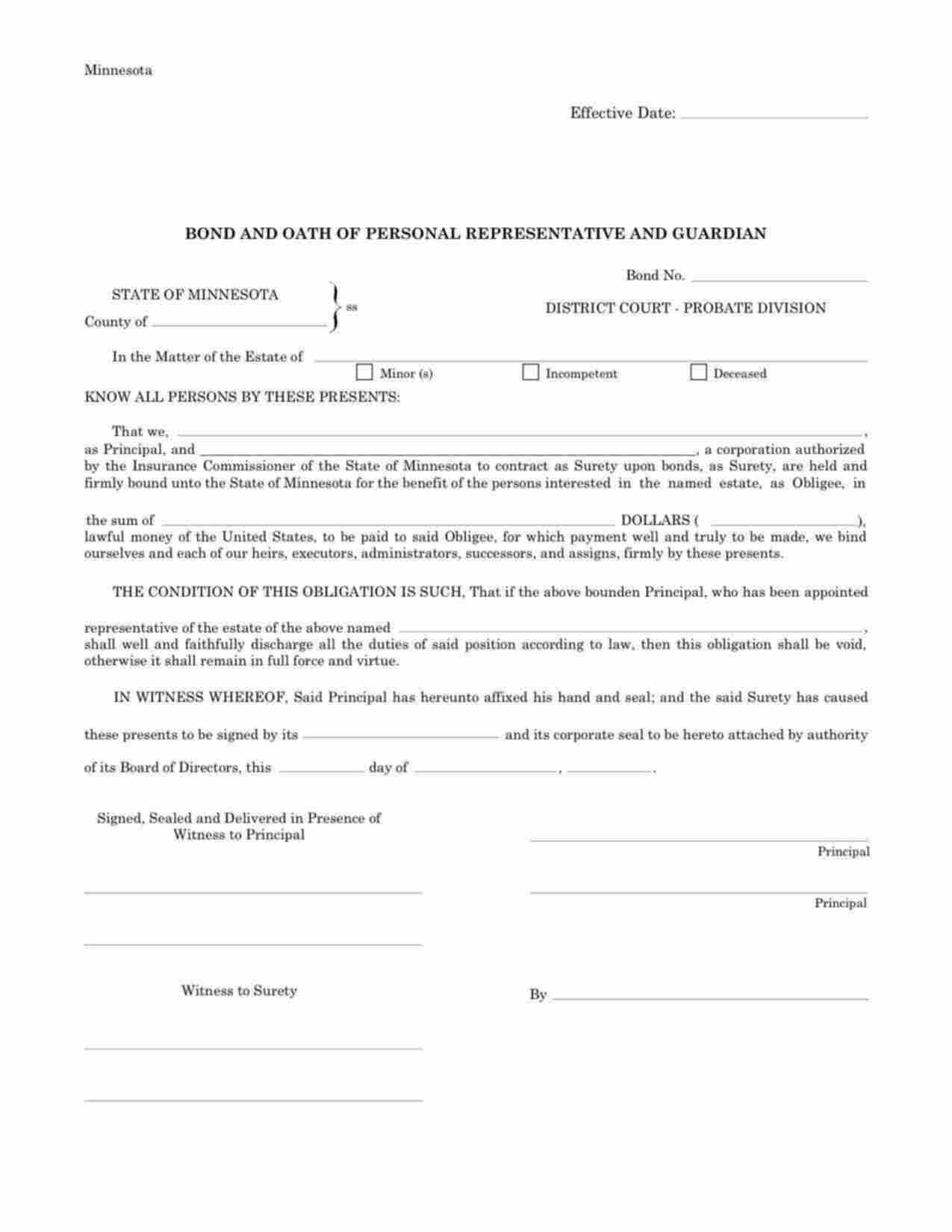 Minnesota Personal Representative Bond Form