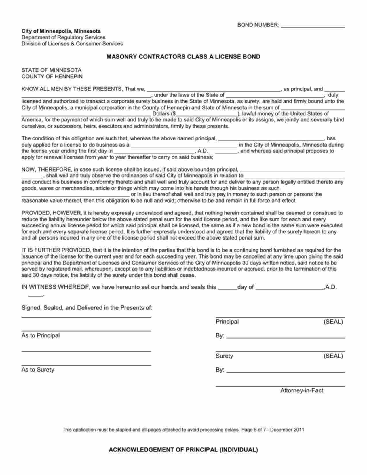 Minnesota Masonry Contractors Class A License Bond Form