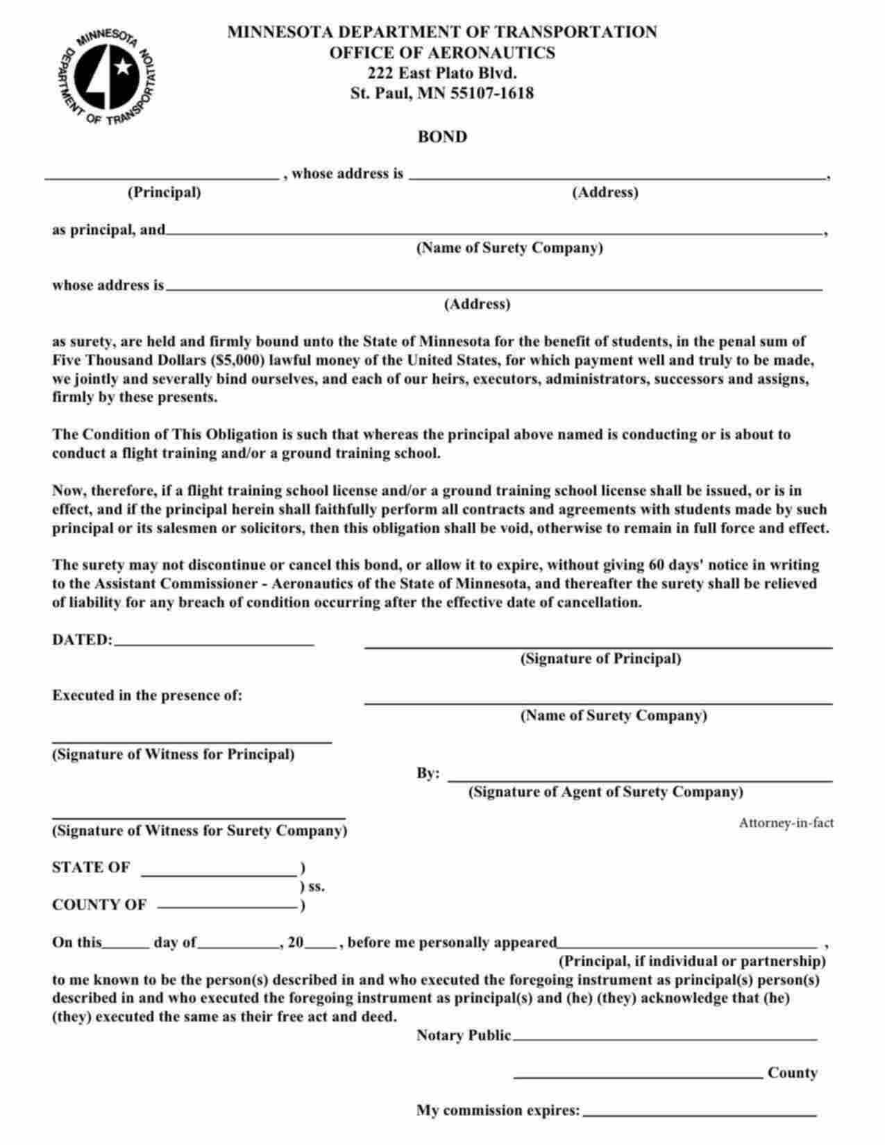 Minnesota Flight Training and/or Ground Training School Bond Form