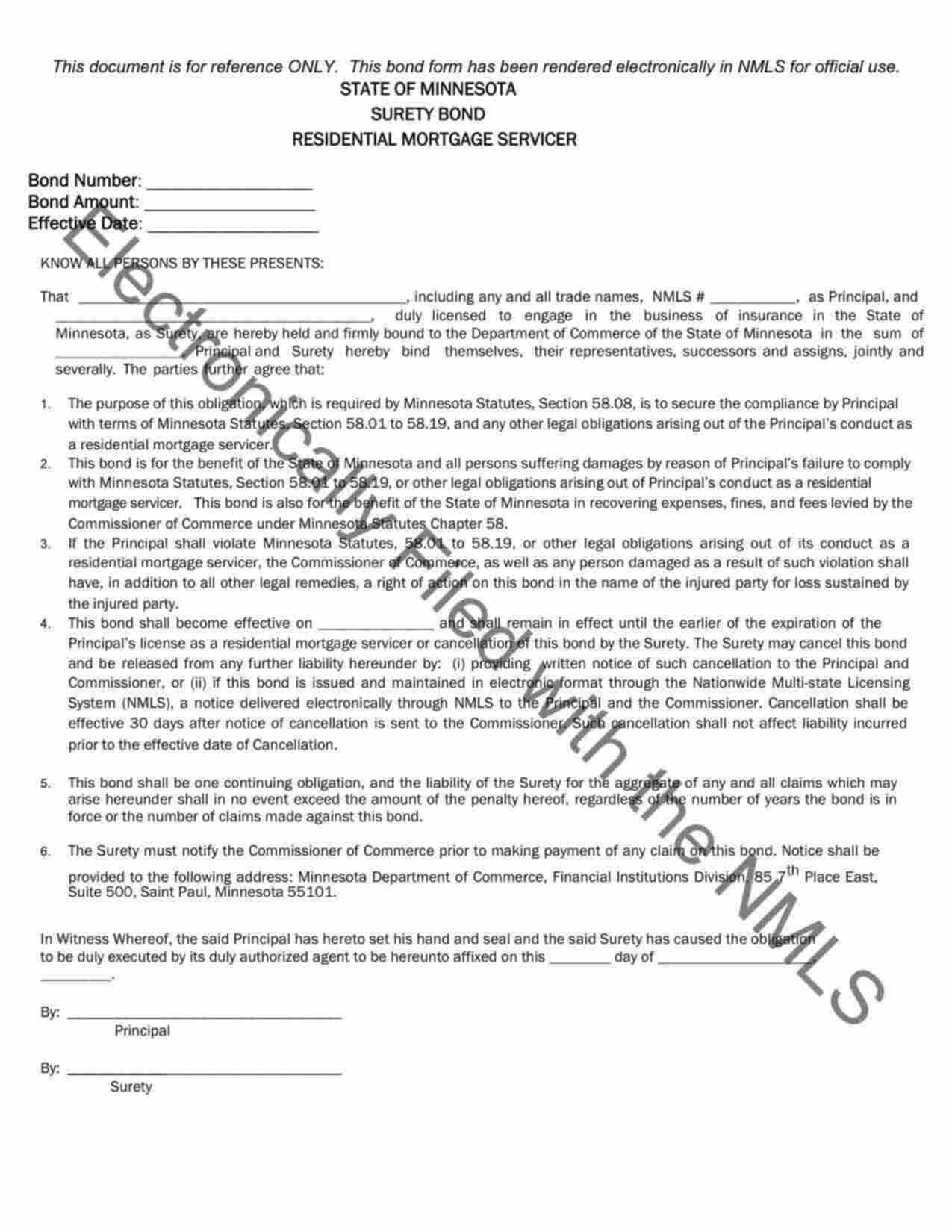 Minnesota Residential Mortgage Servicer Exemption Bond Form