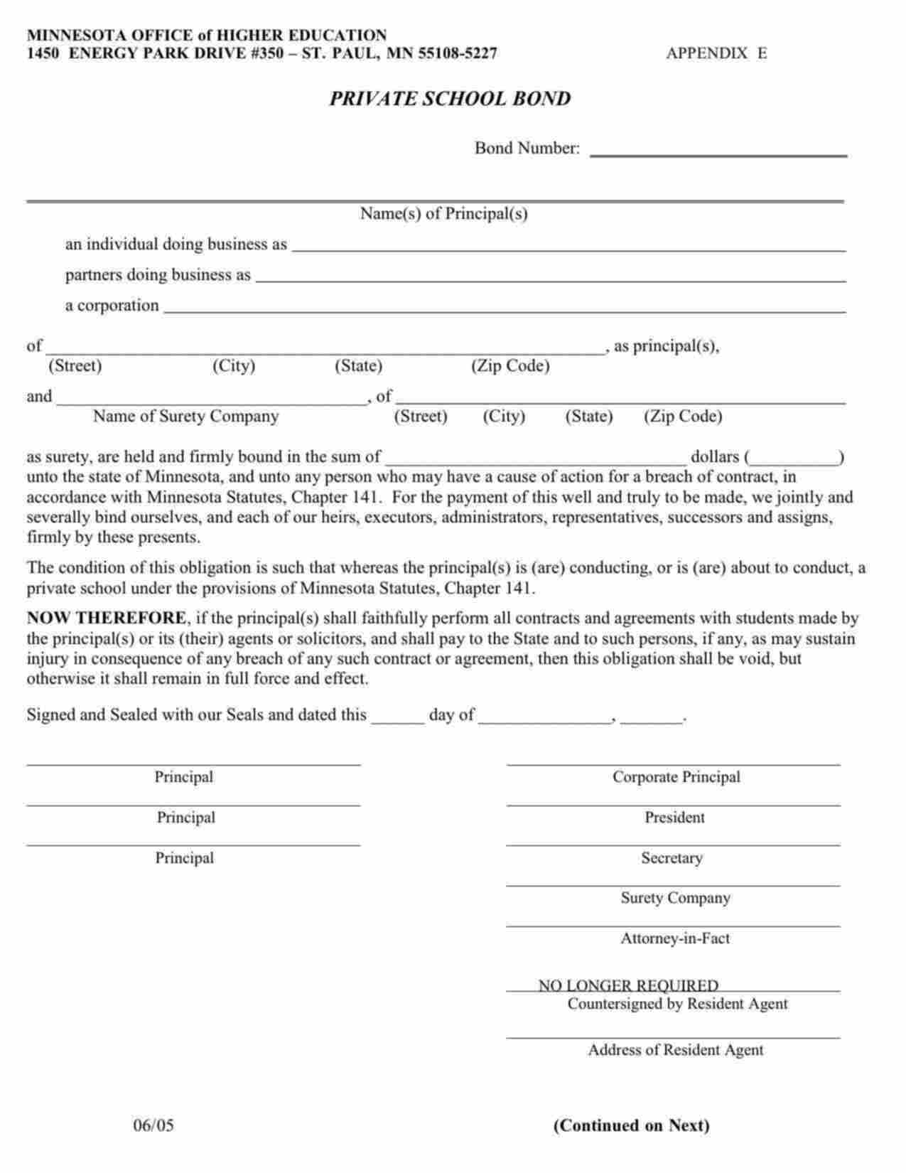 Minnesota Private School - Individual Bond Form