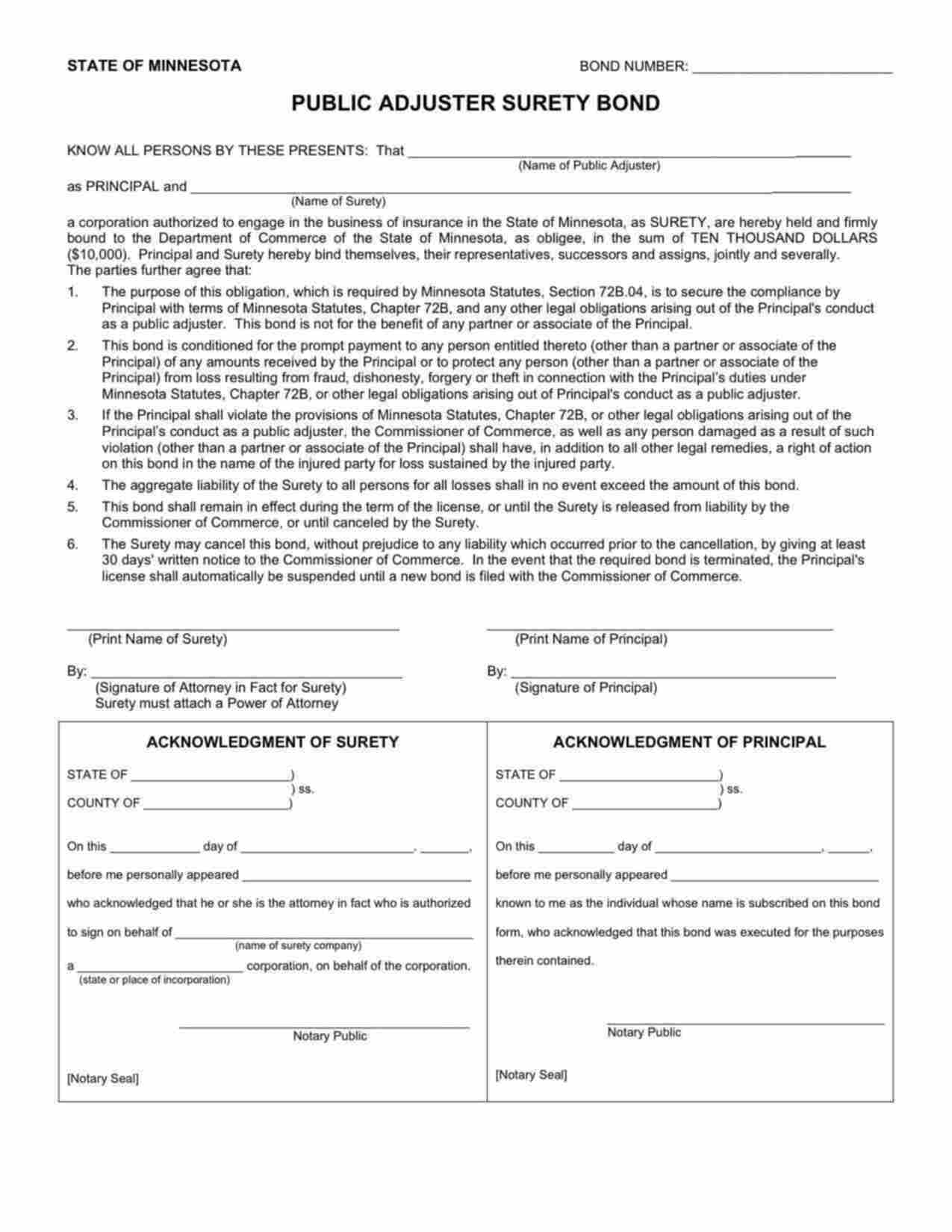 Minnesota Public Adjuster Bond Form