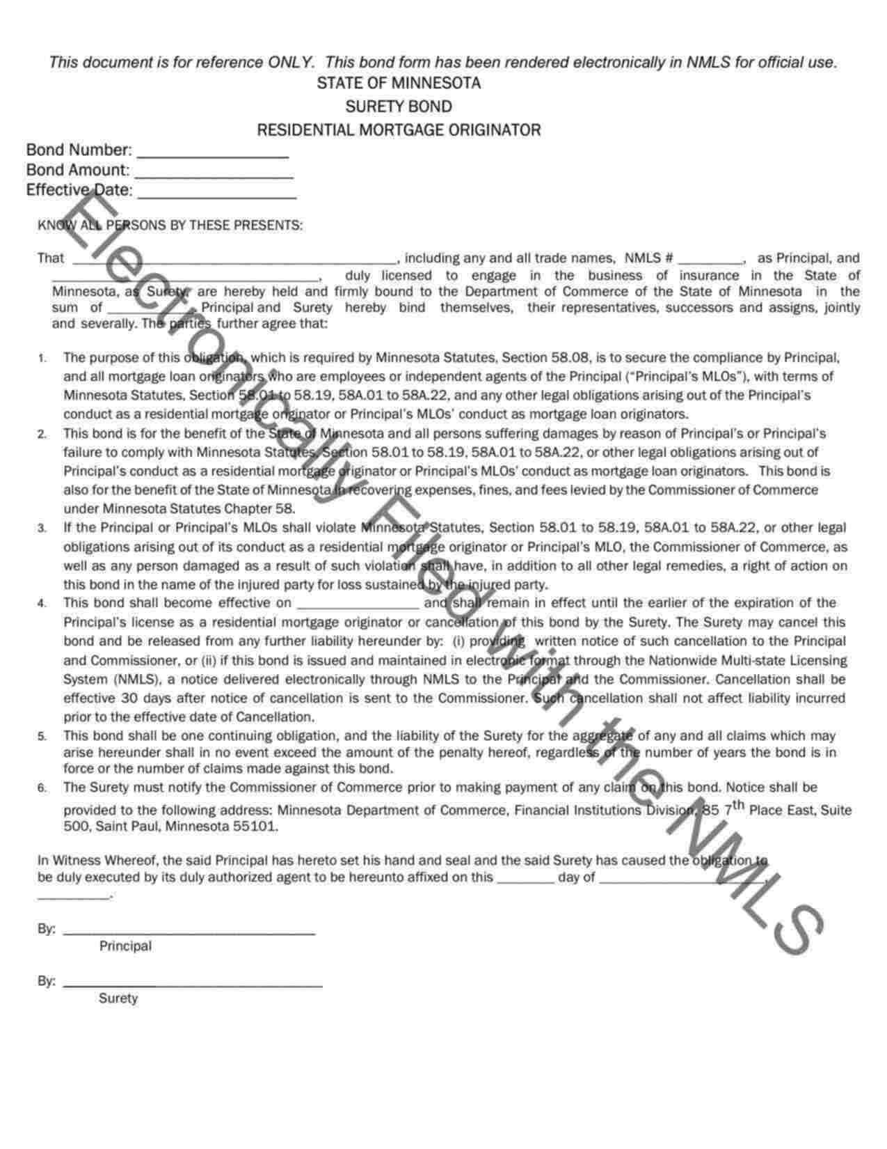 Minnesota Residential Mortgage Originator Exemption Bond Form