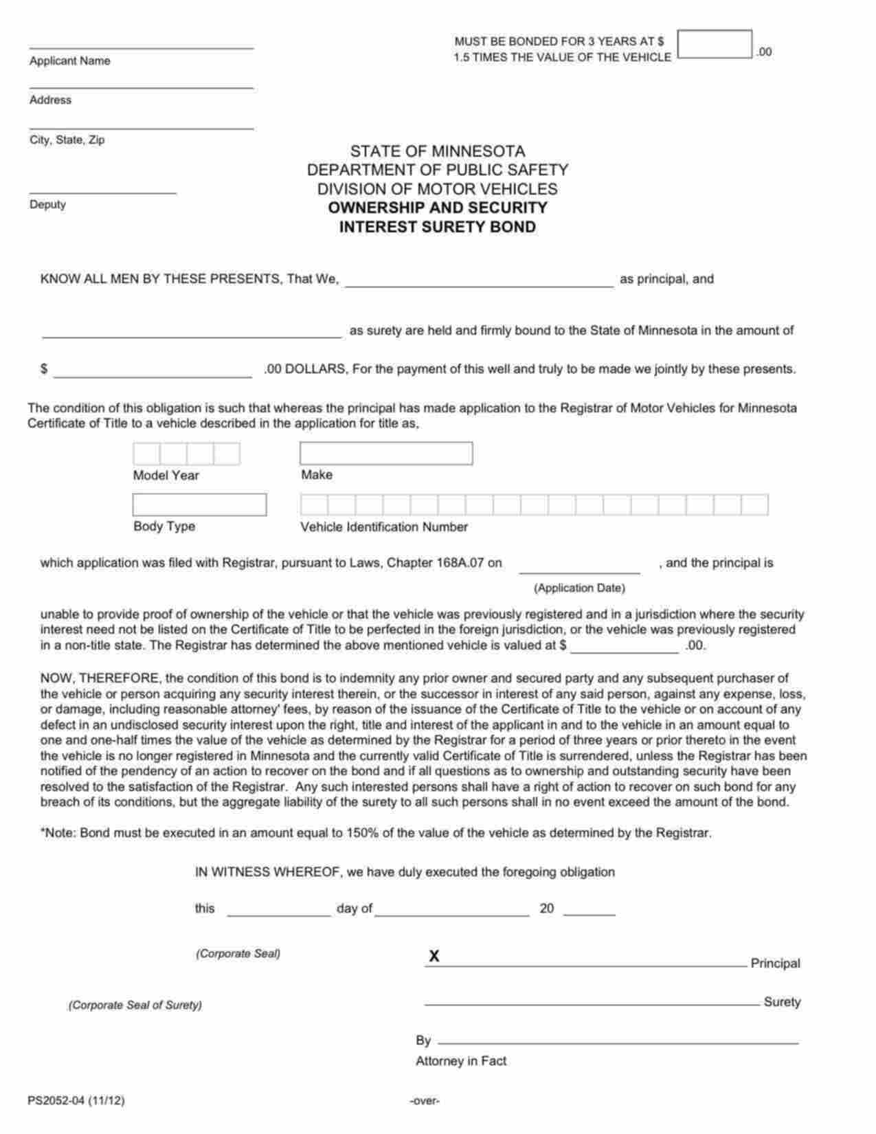 Minnesota Ownership and Security Interest (Lost Title) Bond Form