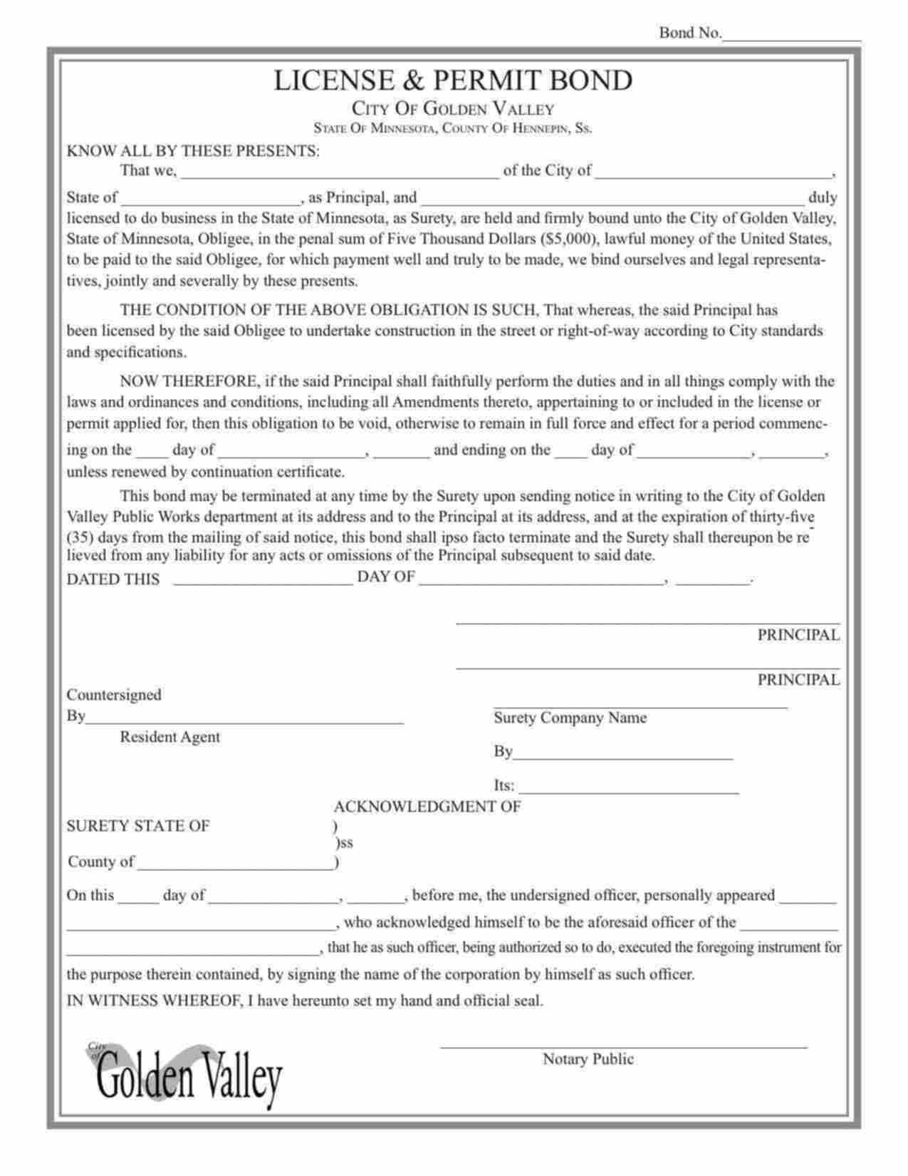 Minnesota Right of Way License & Permit Bond Form