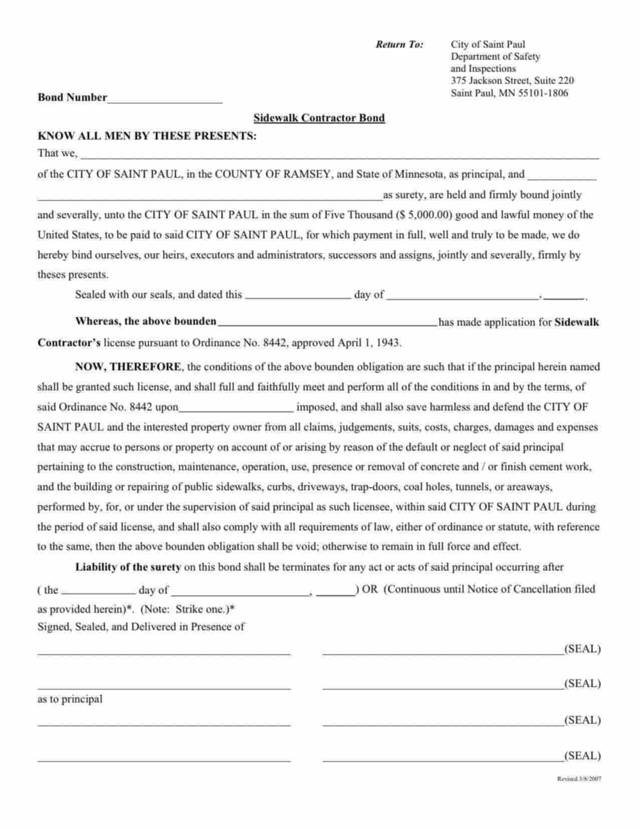 Minnesota Sidewalk Contractor Bond Form