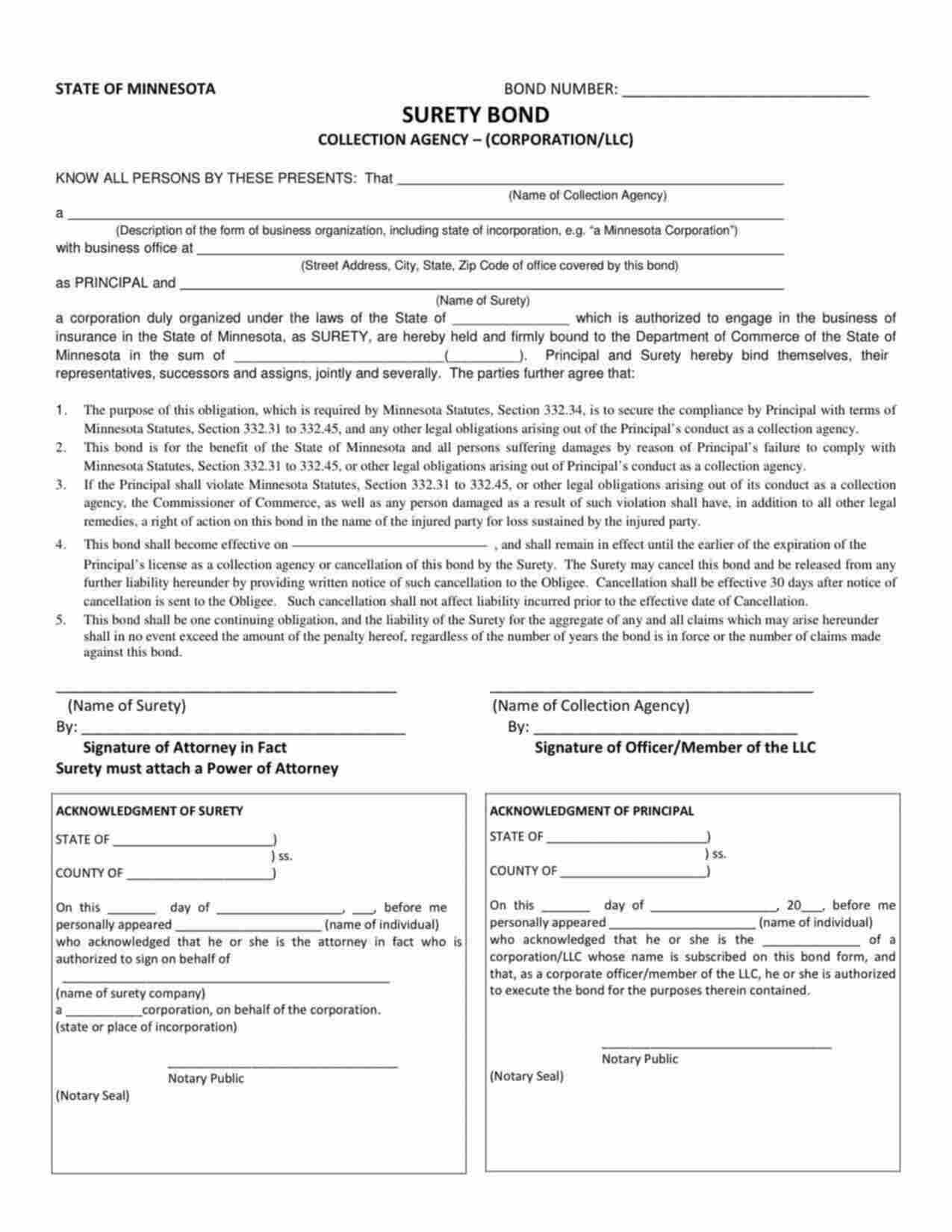 Minnesota Collection Agency (Corporation/LLC) Bond Form