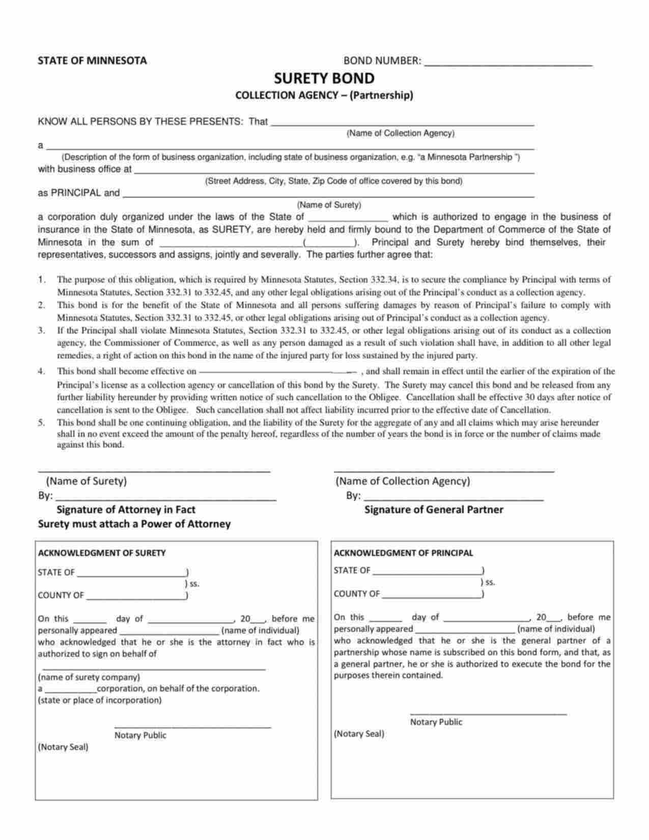 Minnesota Collection Agency (Partnership) Bond Form