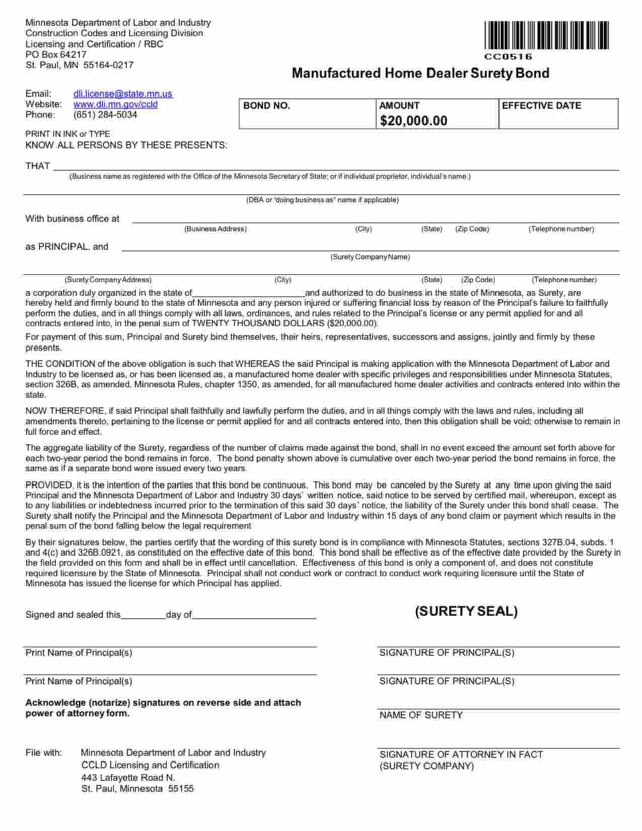 Minnesota Manufactured Home Dealer Bond Form