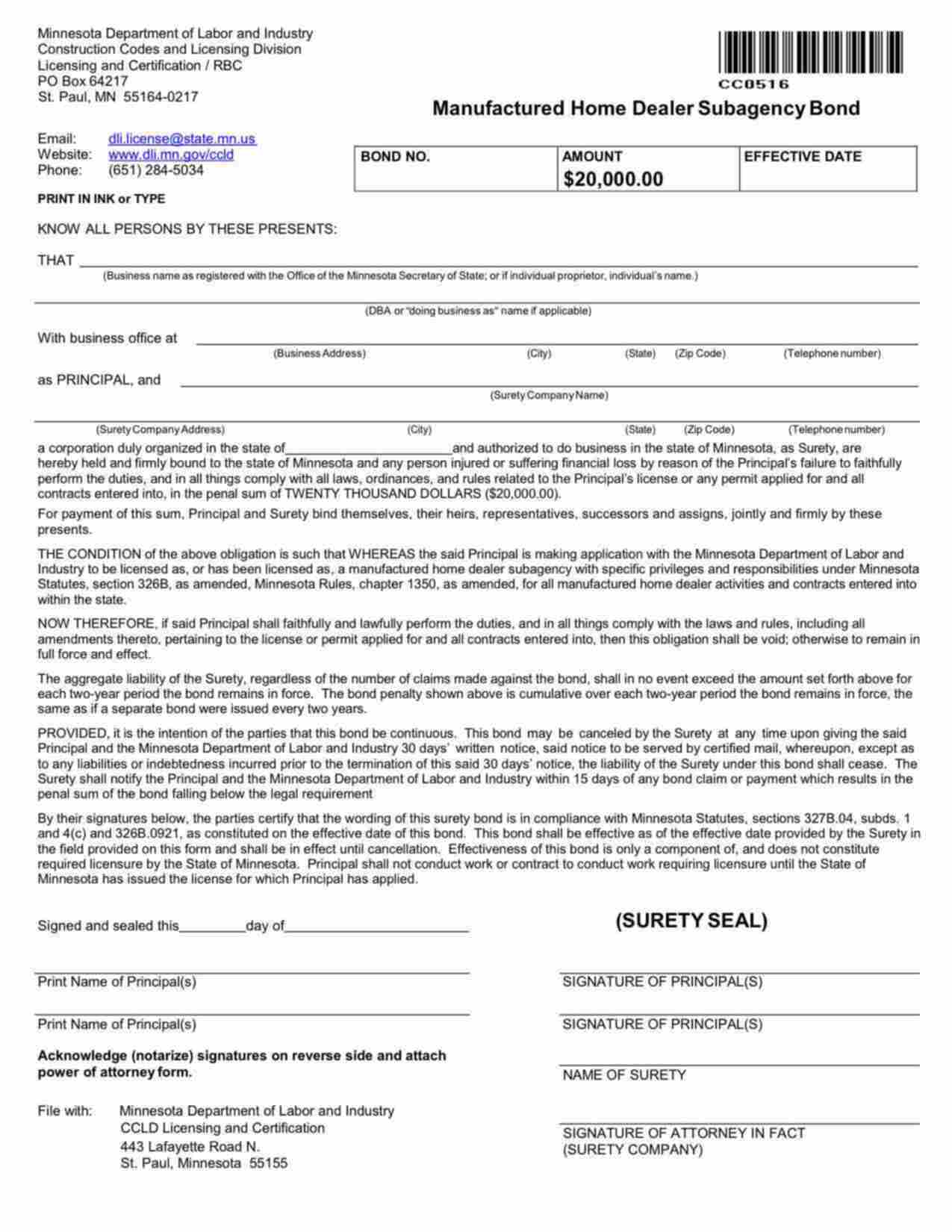 Minnesota Manufactured Home Dealer Subagency Bond Form