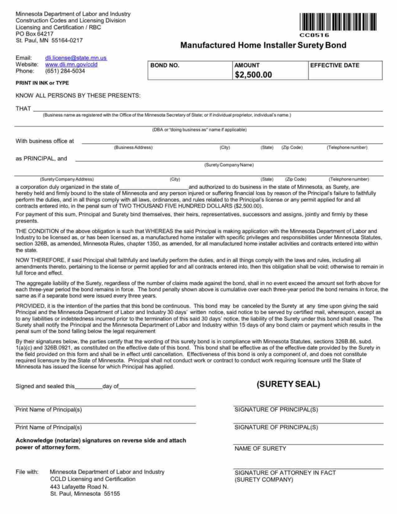 Minnesota Manufactured Home Installer Bond Form