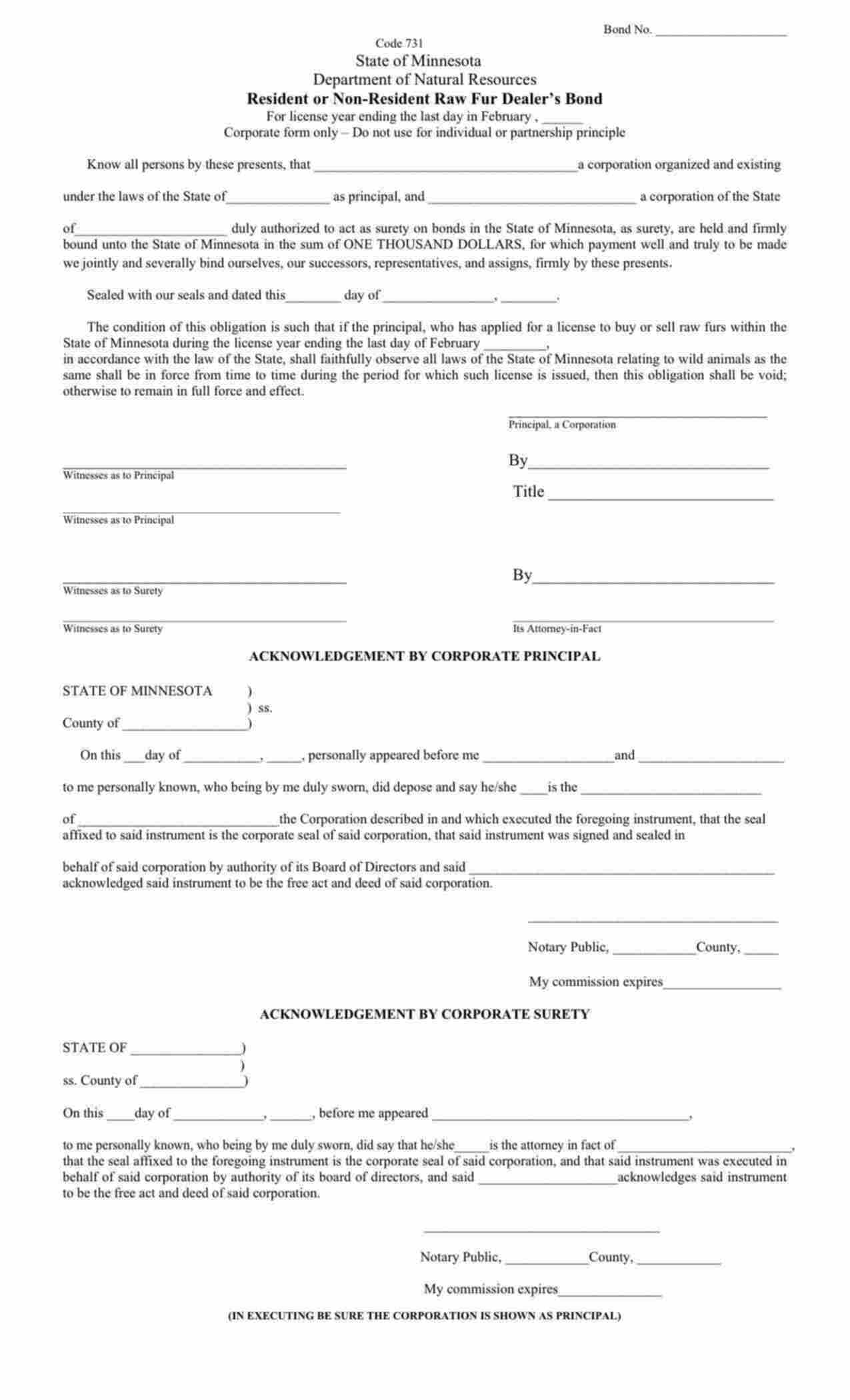 Minnesota Resident or Non-Resident Fur Dealer (Corporation/LLC) Bond Form