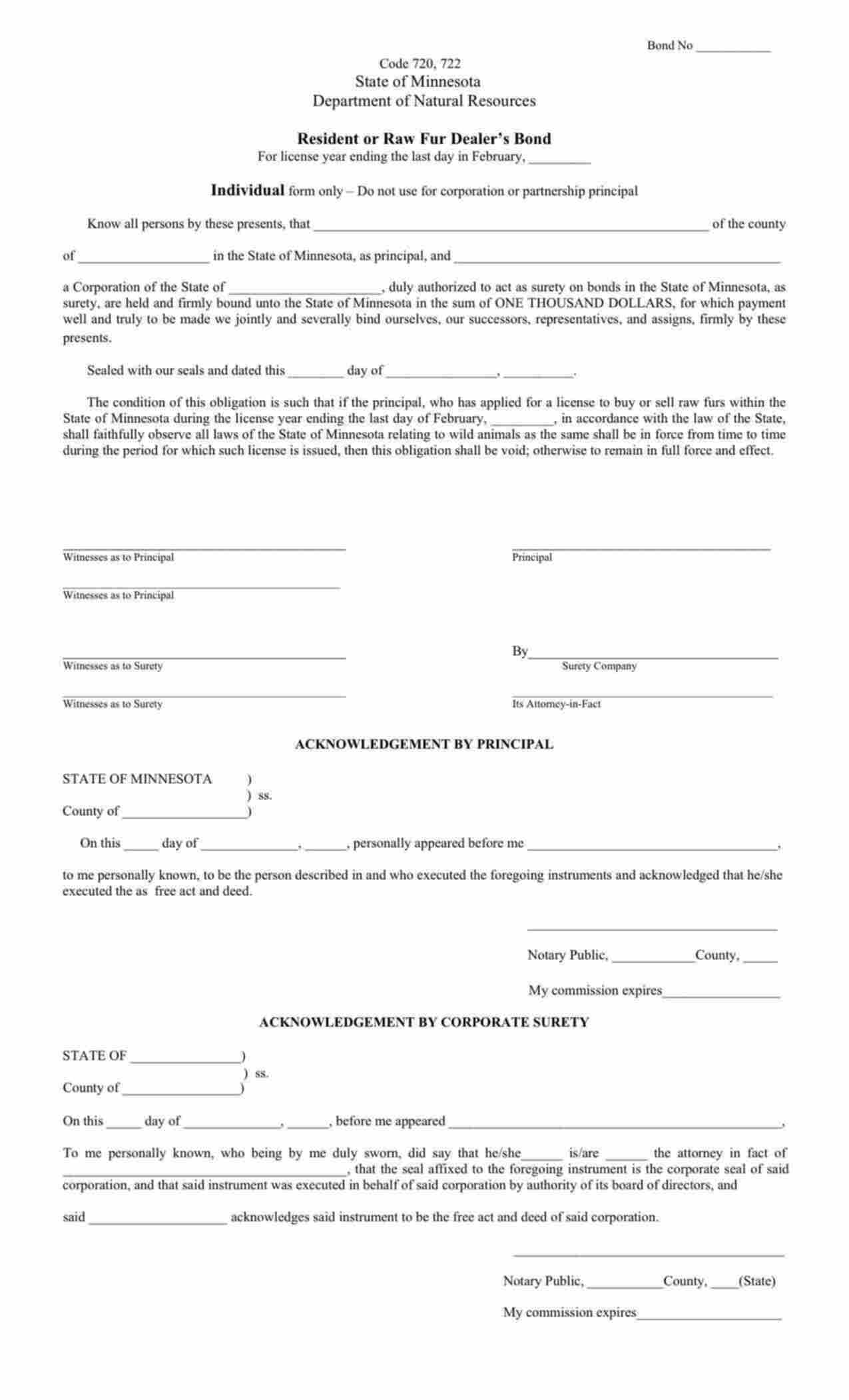 Minnesota Resident or Non-Resident Fur Dealer (Individual) Bond Form