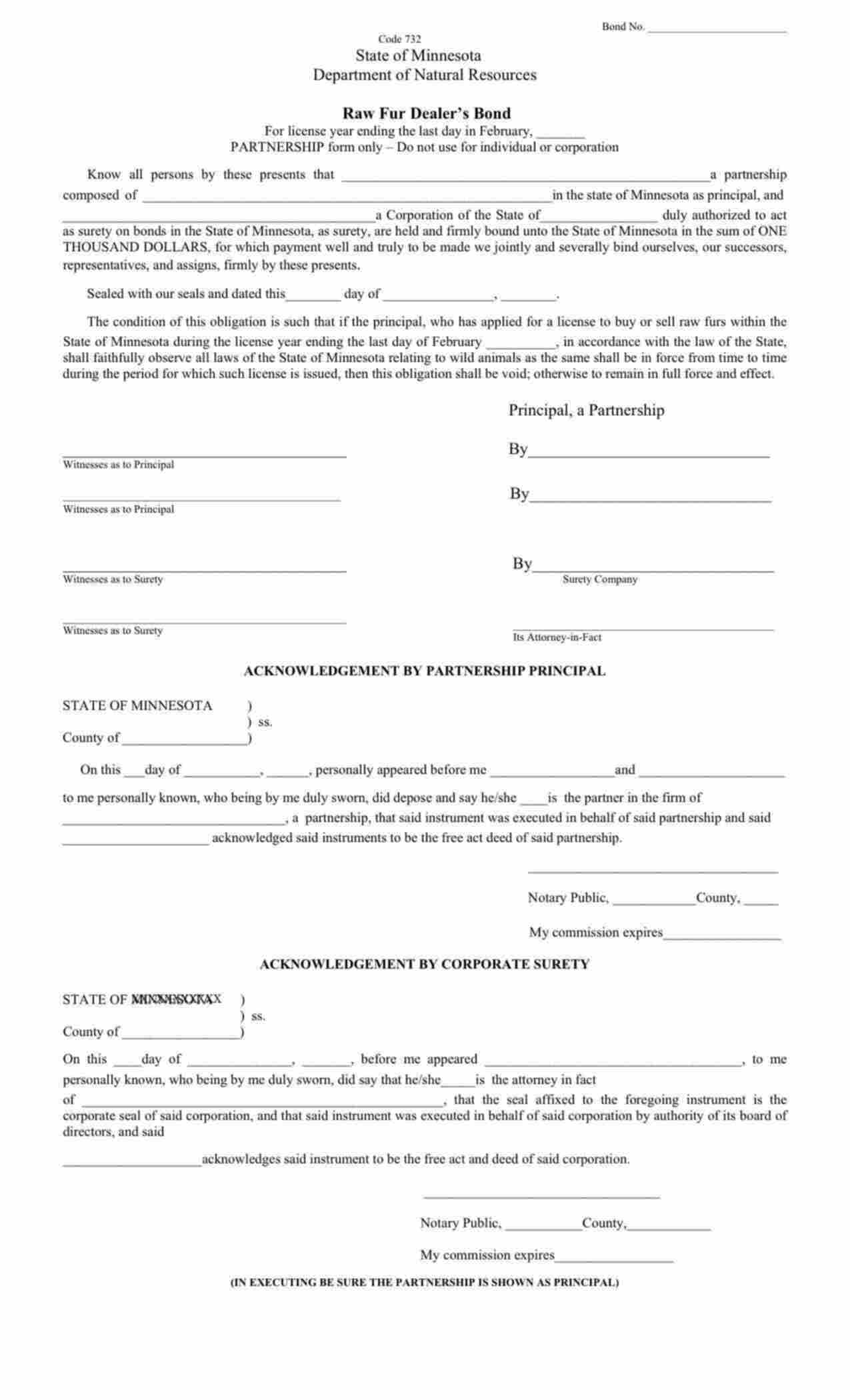 Minnesota Resident or Non-Resident Fur Dealer (Partnership) Bond Form