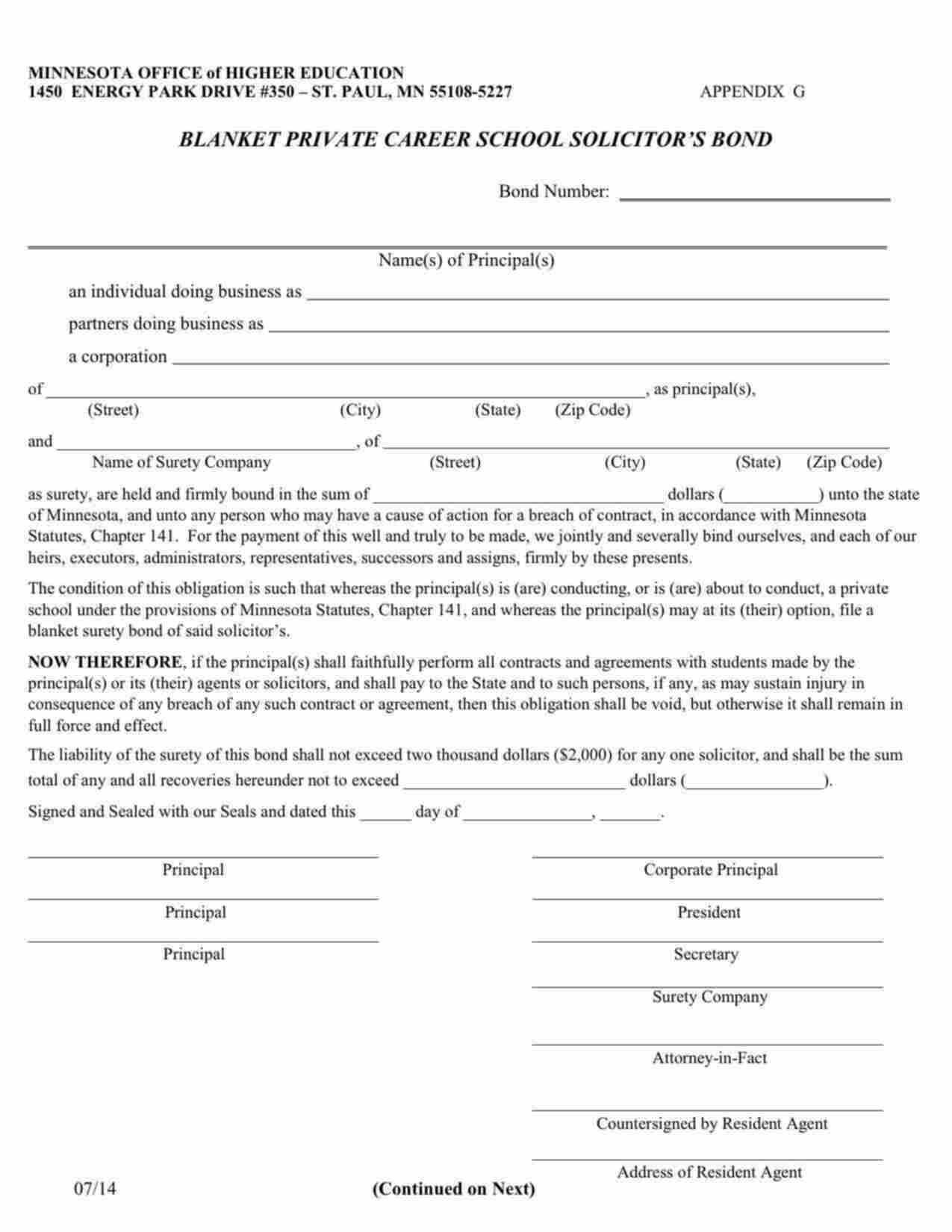 Minnesota Blanket Private Career School Solicitor (Individual) Bond Form