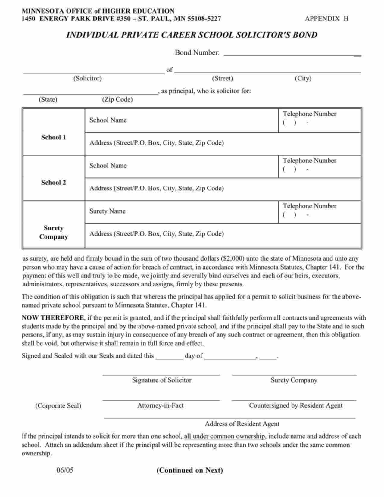 Minnesota Individual Private Career School Solicitor Bond Form