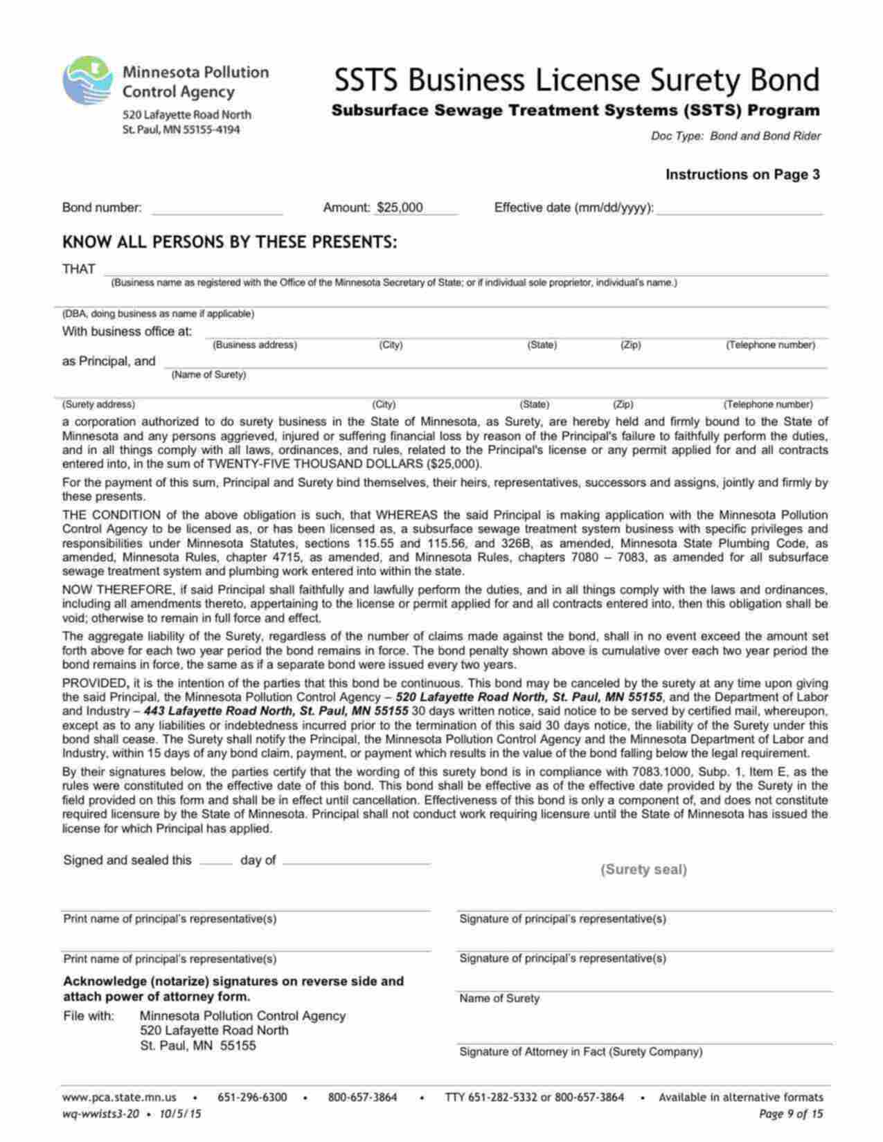 Minnesota Subsurface Sewage Treatment Systems (SSTS) Business License Bond Form