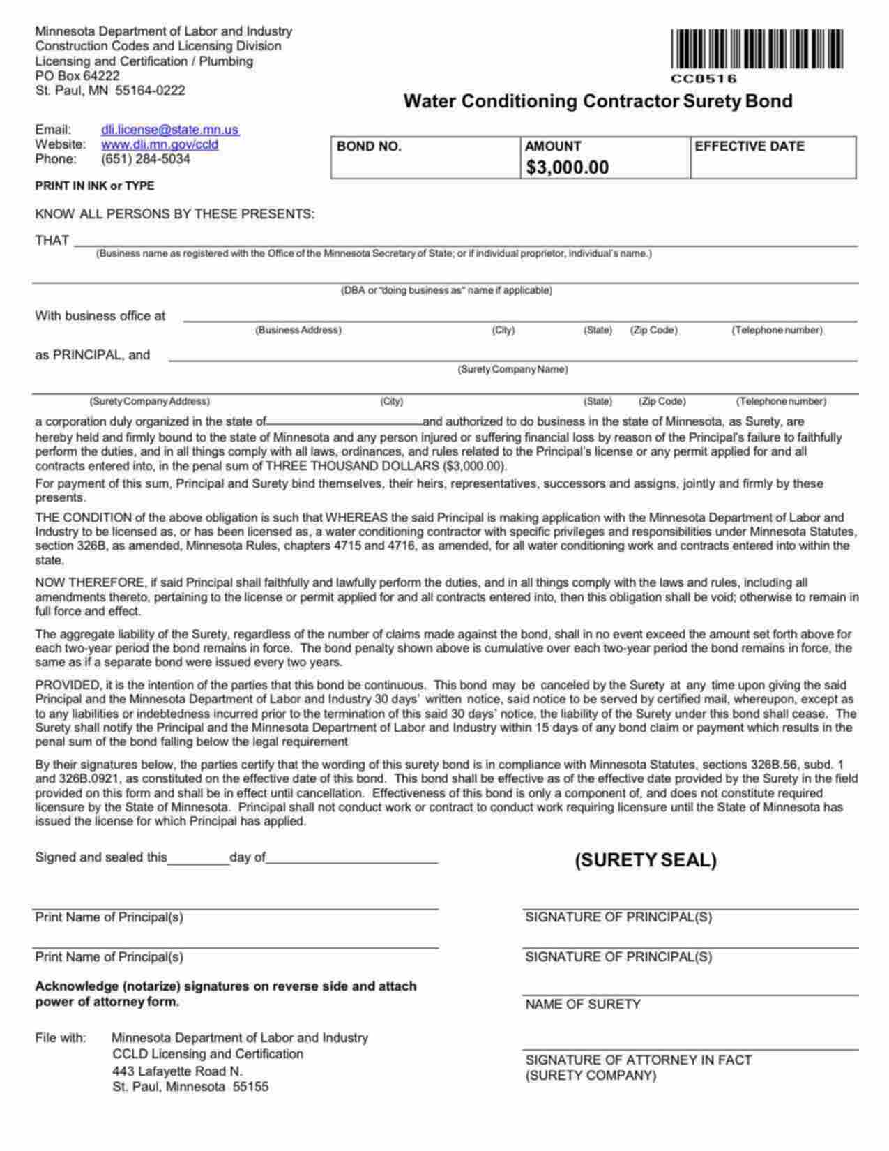 Minnesota Water Conditioning Contractor Bond Form