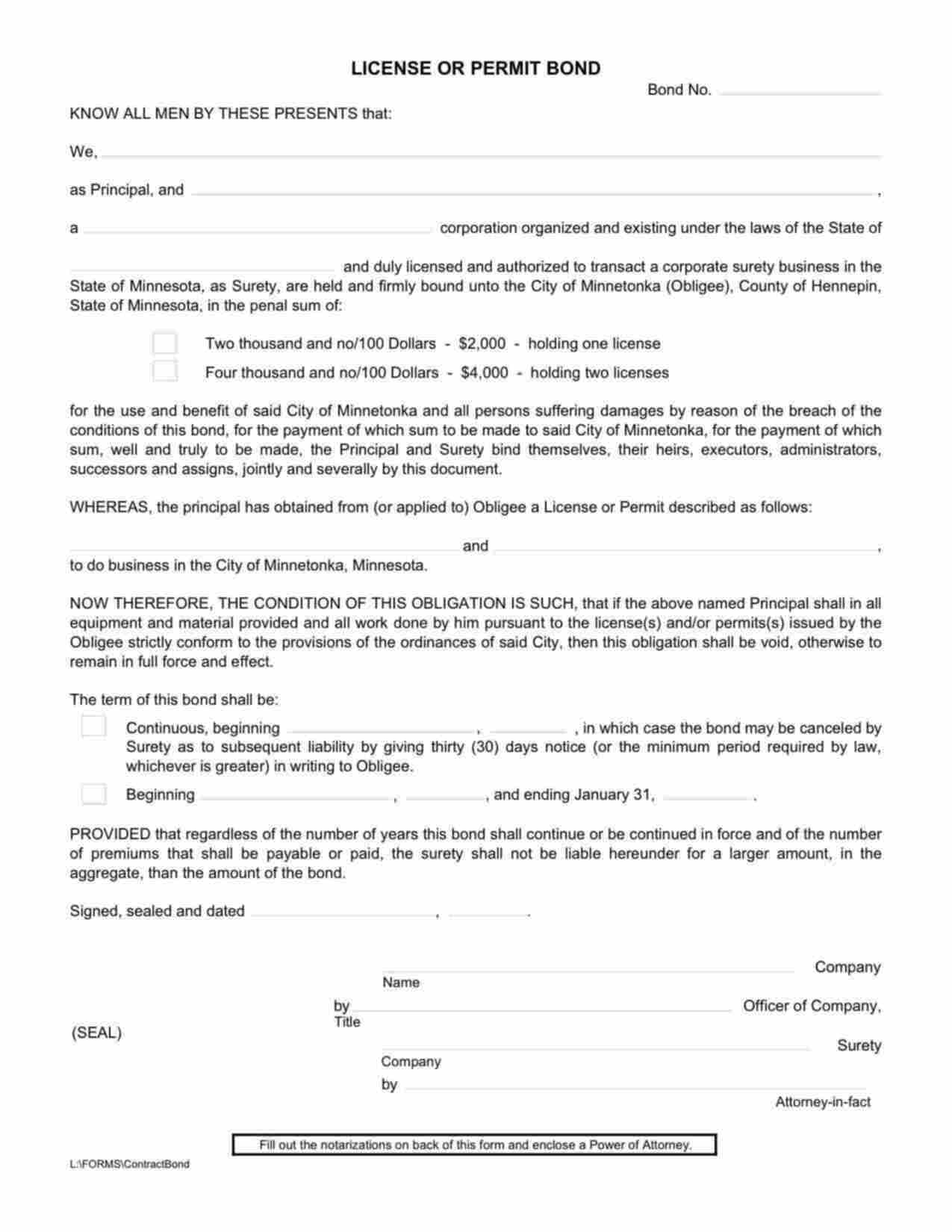 Minnesota License or Permit: Holding one license Bond Form