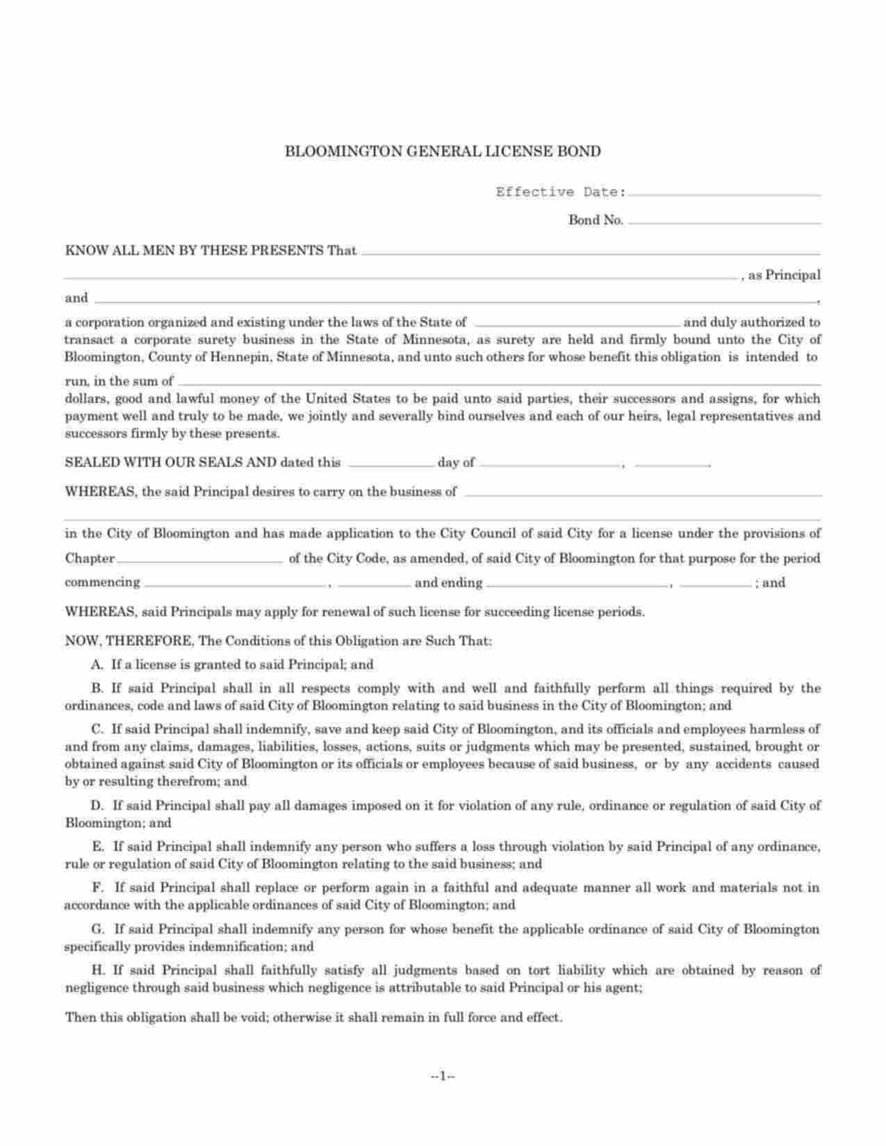 Minnesota General License Bond Form
