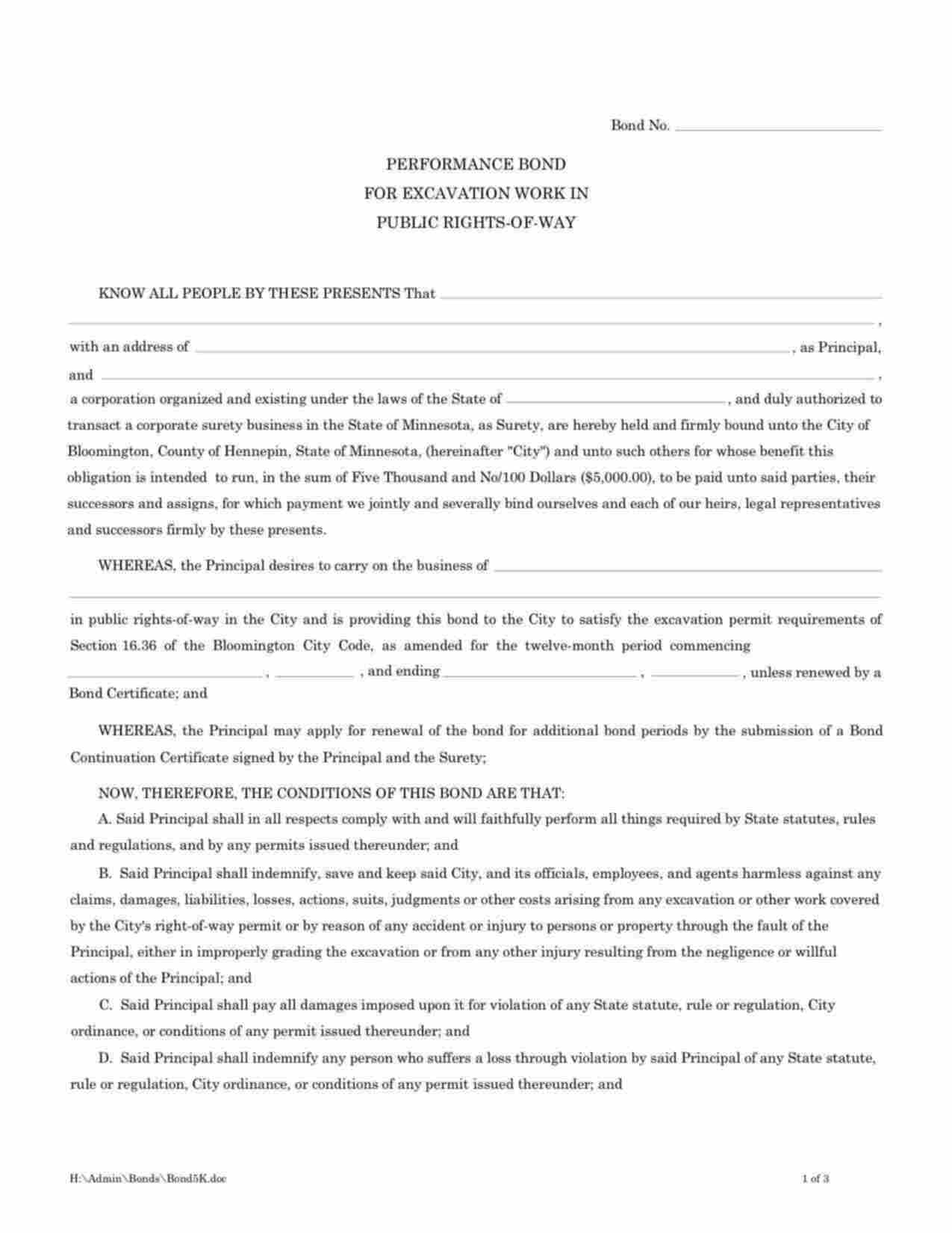 Minnesota Excavation Work in Public Rights-of-Way Bond Form