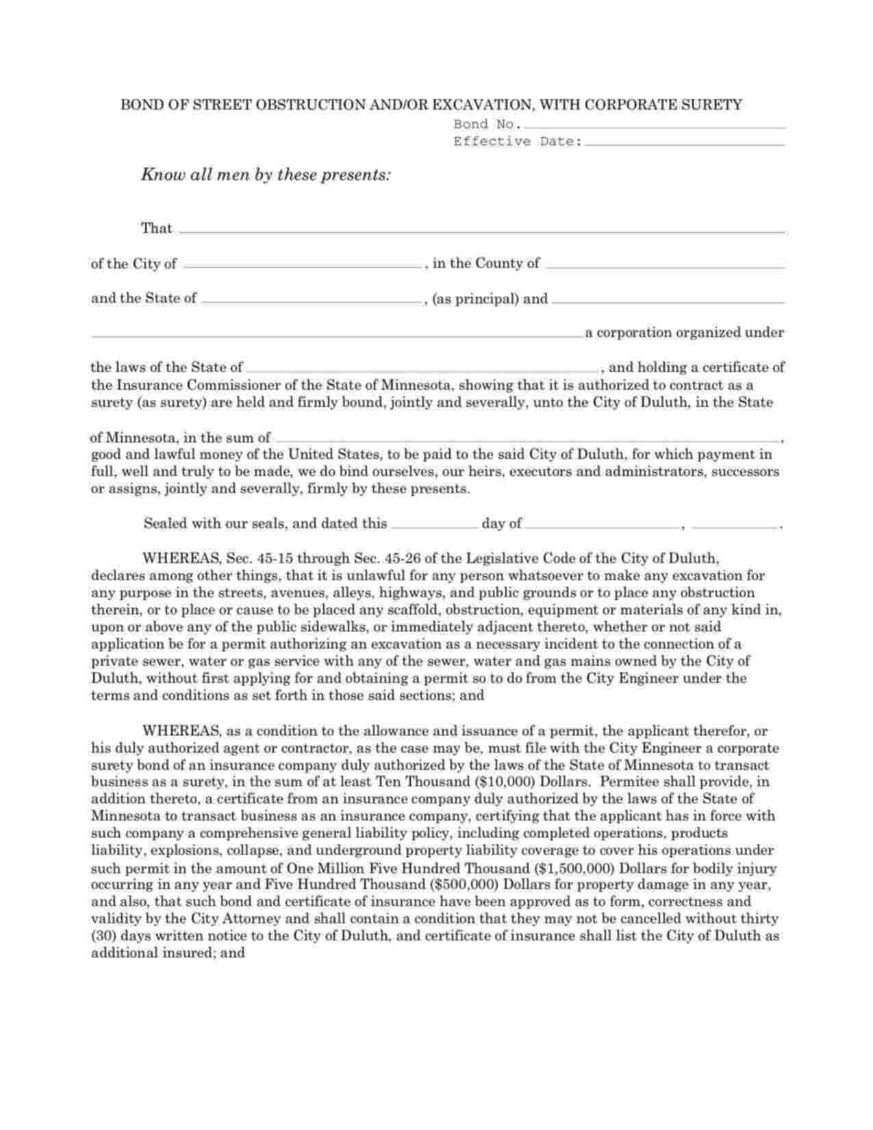 Minnesota Street Obstruction and/or Excavation Bond Form