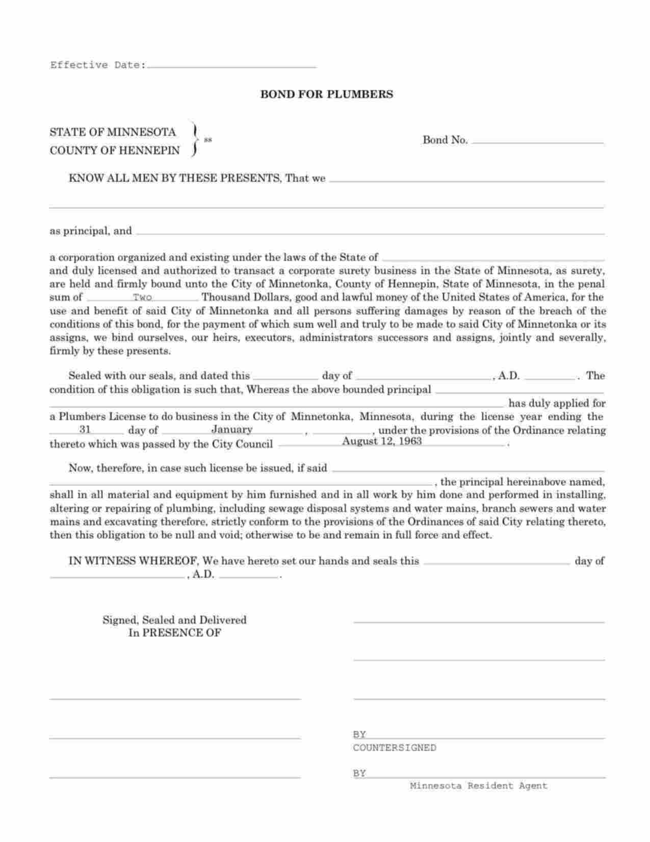 Minnesota Plumbers Bond Form