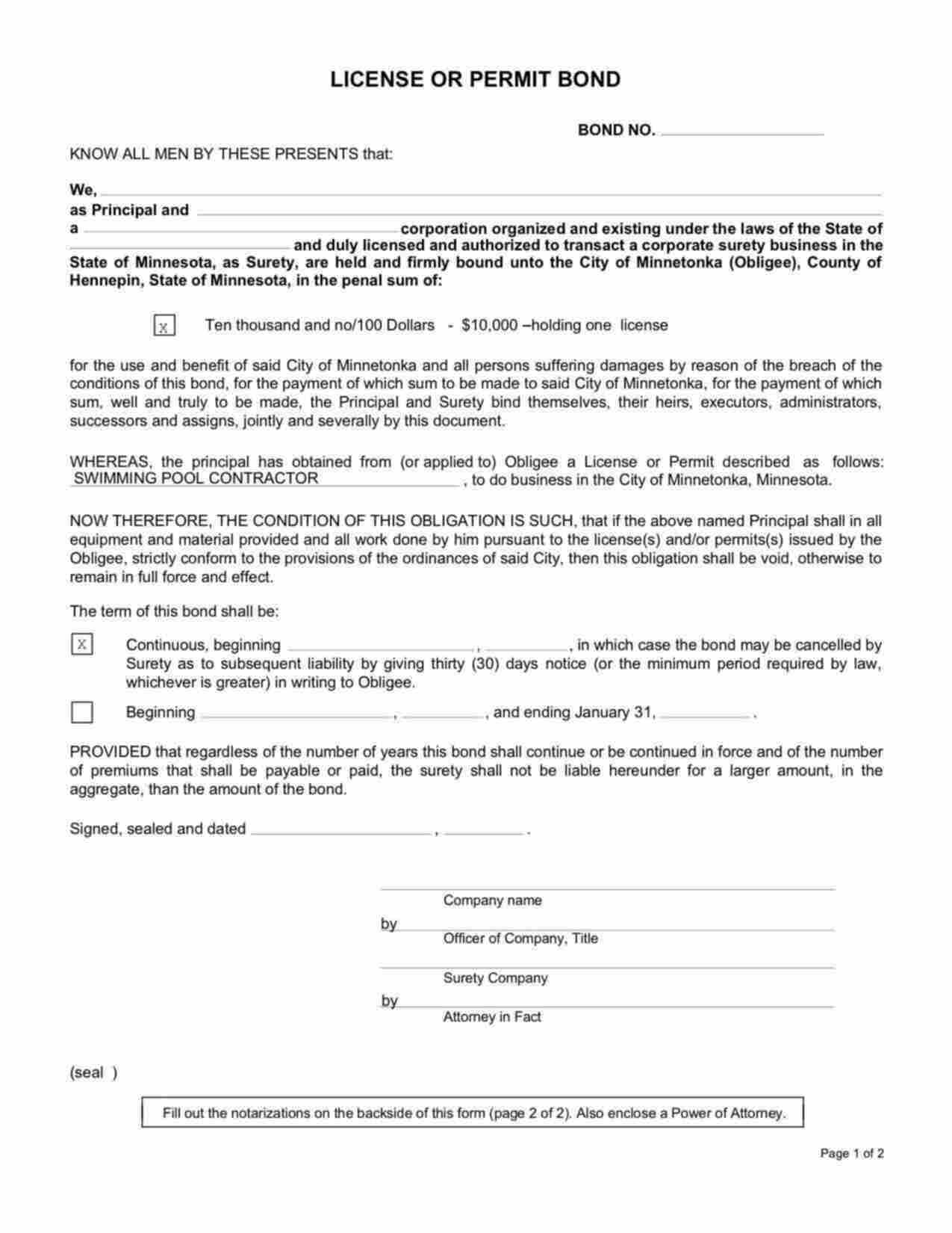 Minnesota Swimming Pool Contractor Bond Form