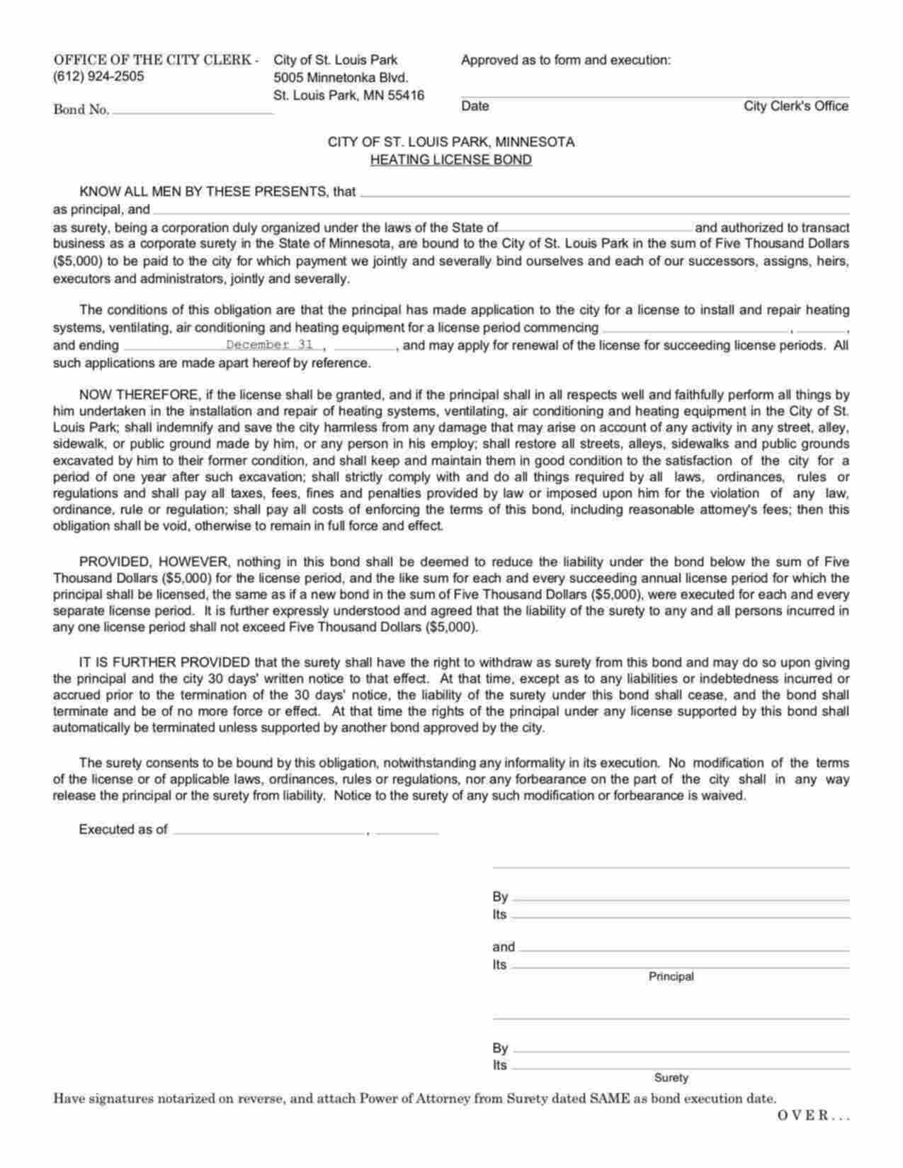 Minnesota Heating License Bond Form