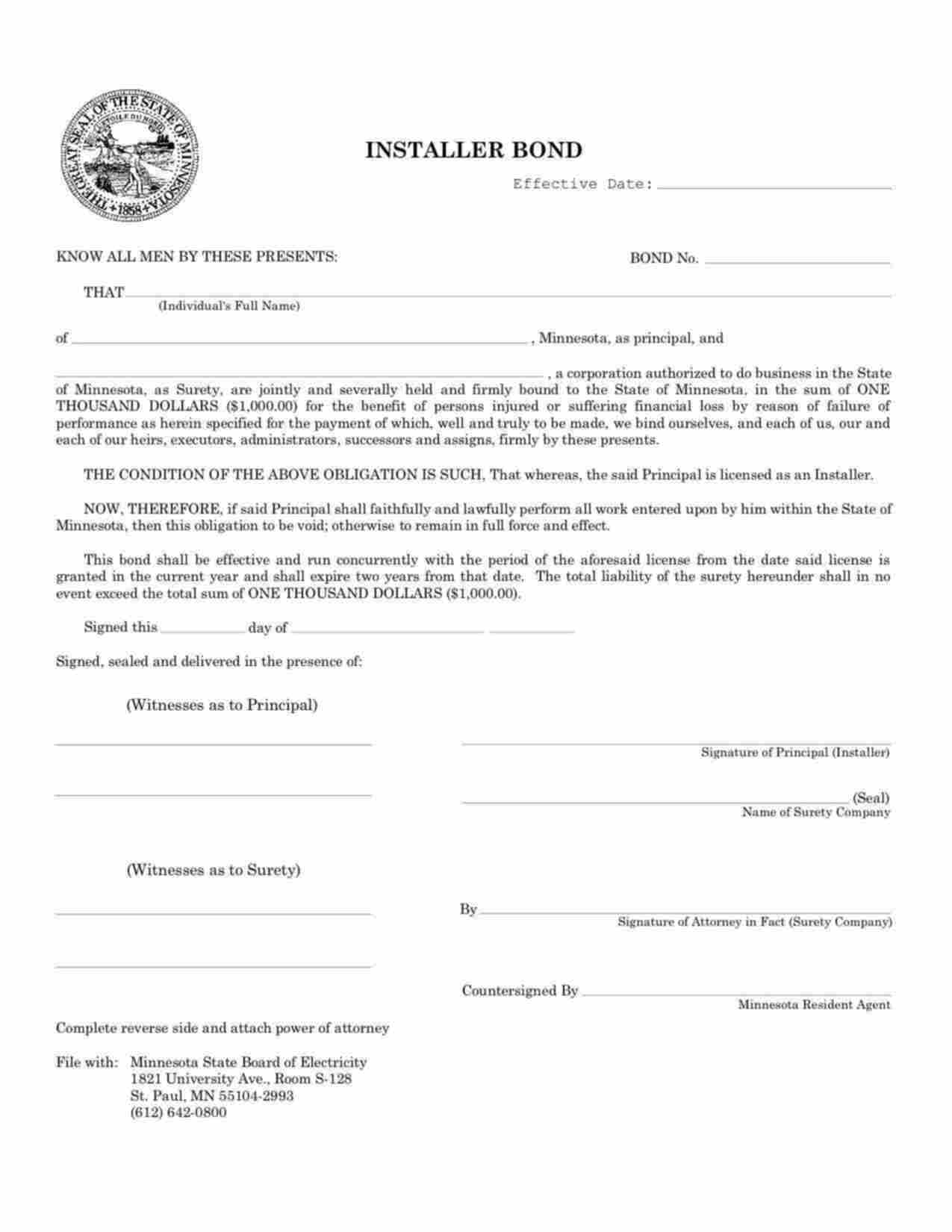 Minnesota Electric Installer Bond Form