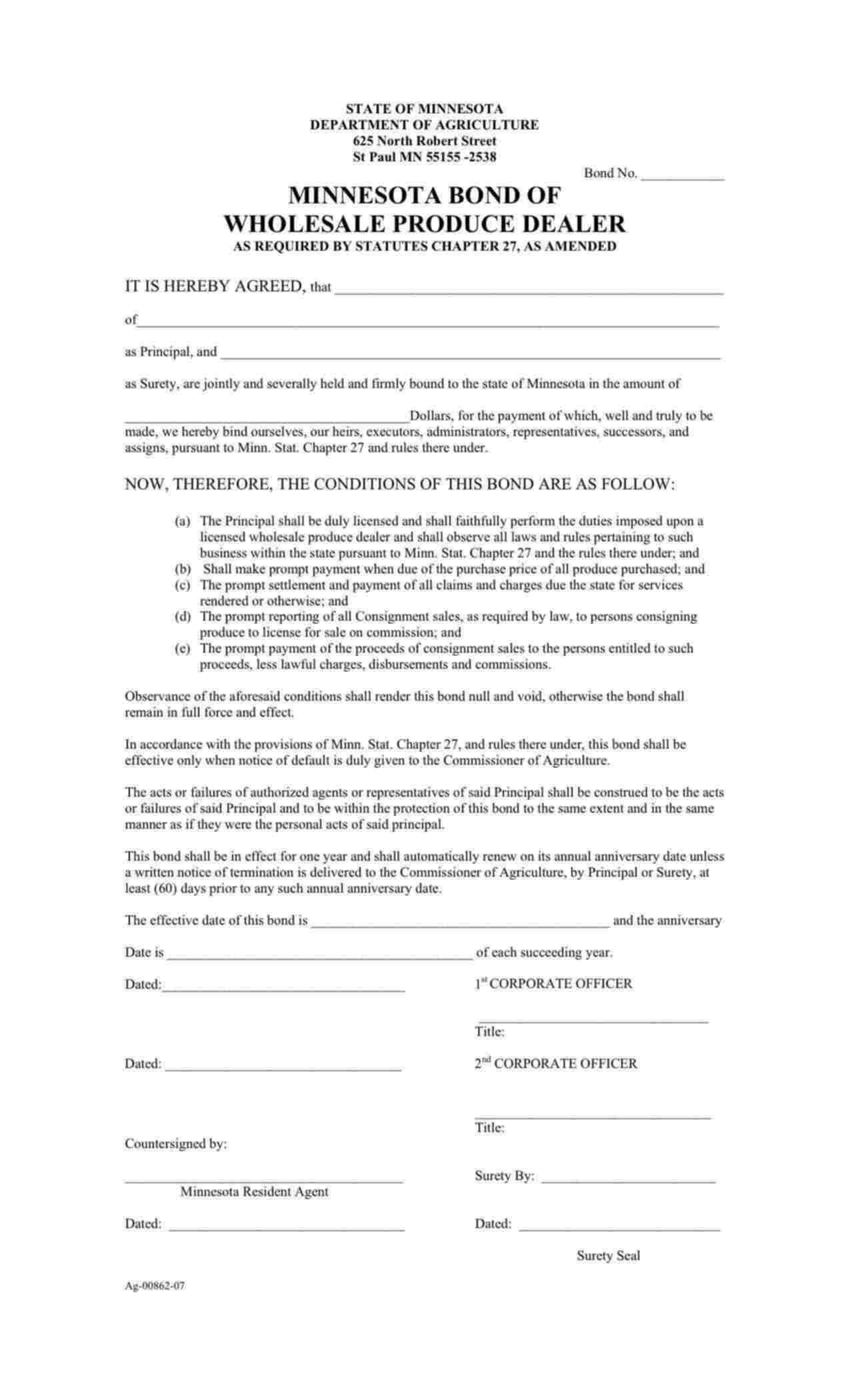 Minnesota Wholesale Produce Dealer Bond Form