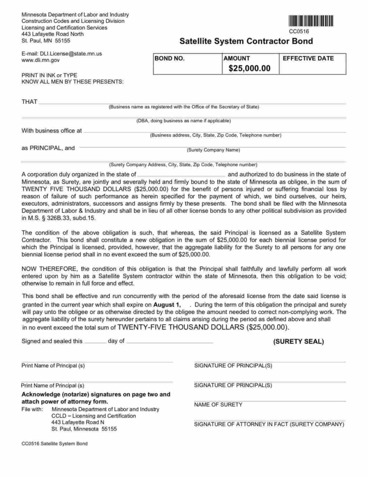 Minnesota Satellite System Contractor Bond Form