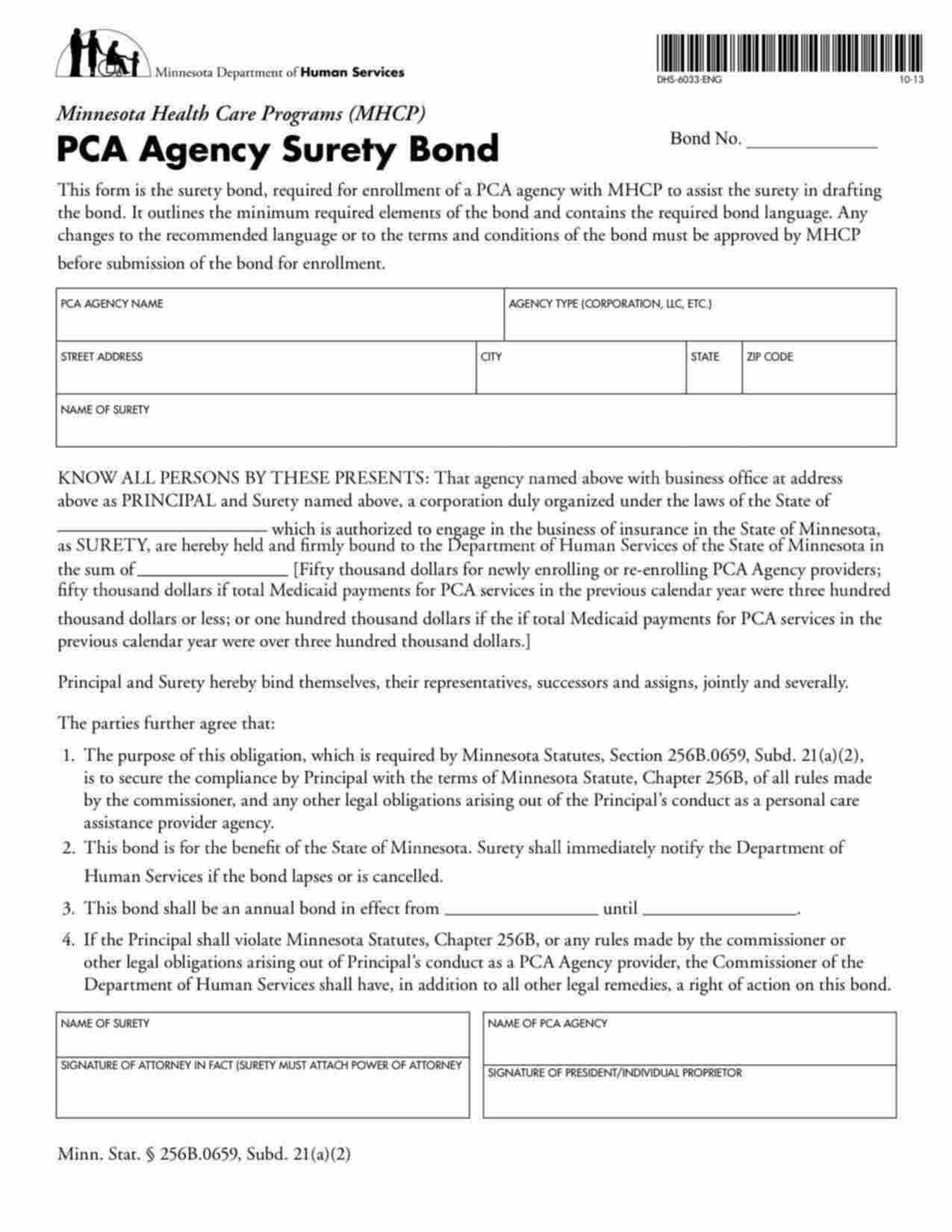 Minnesota PCA Agency (Personal Care Assistance) Bond Form