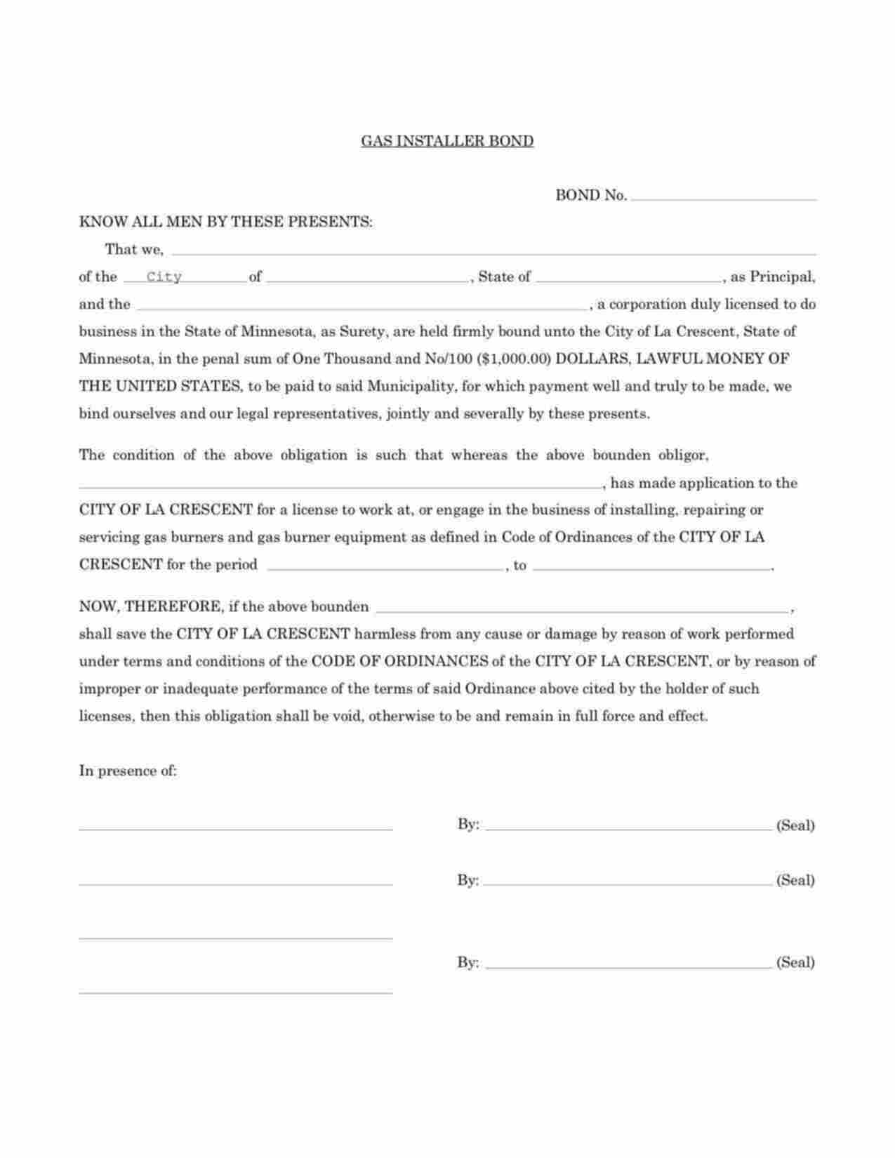 Minnesota Gas Installer Bond Form