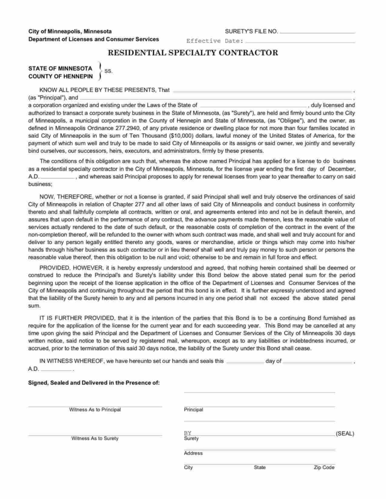 Minnesota Residential Specialty Contractor Bond Form