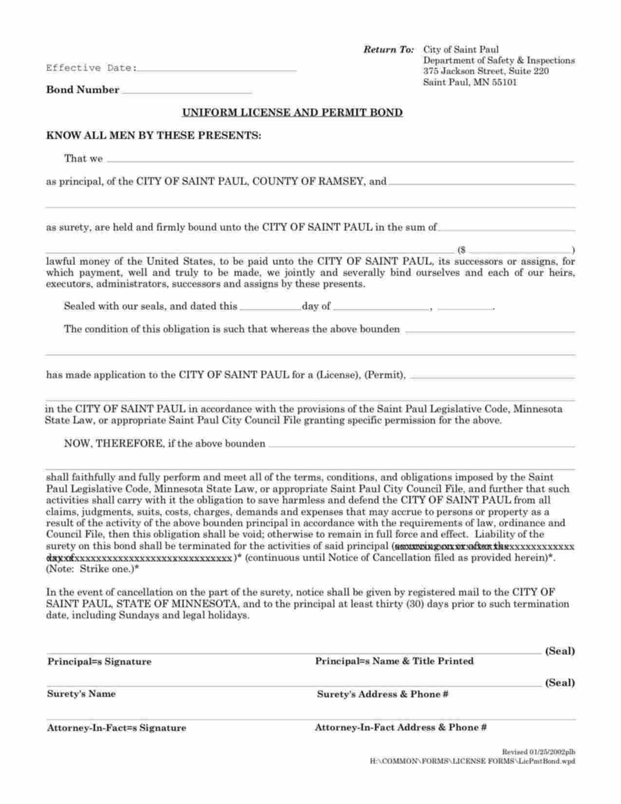 Minnesota Uniform License and Permit Bond Form