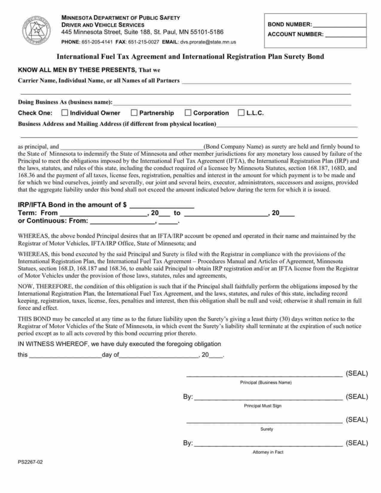 Minnesota International Fuel Tax Agreement (IFTA) and International Registration Plan (IRP) Bond Form