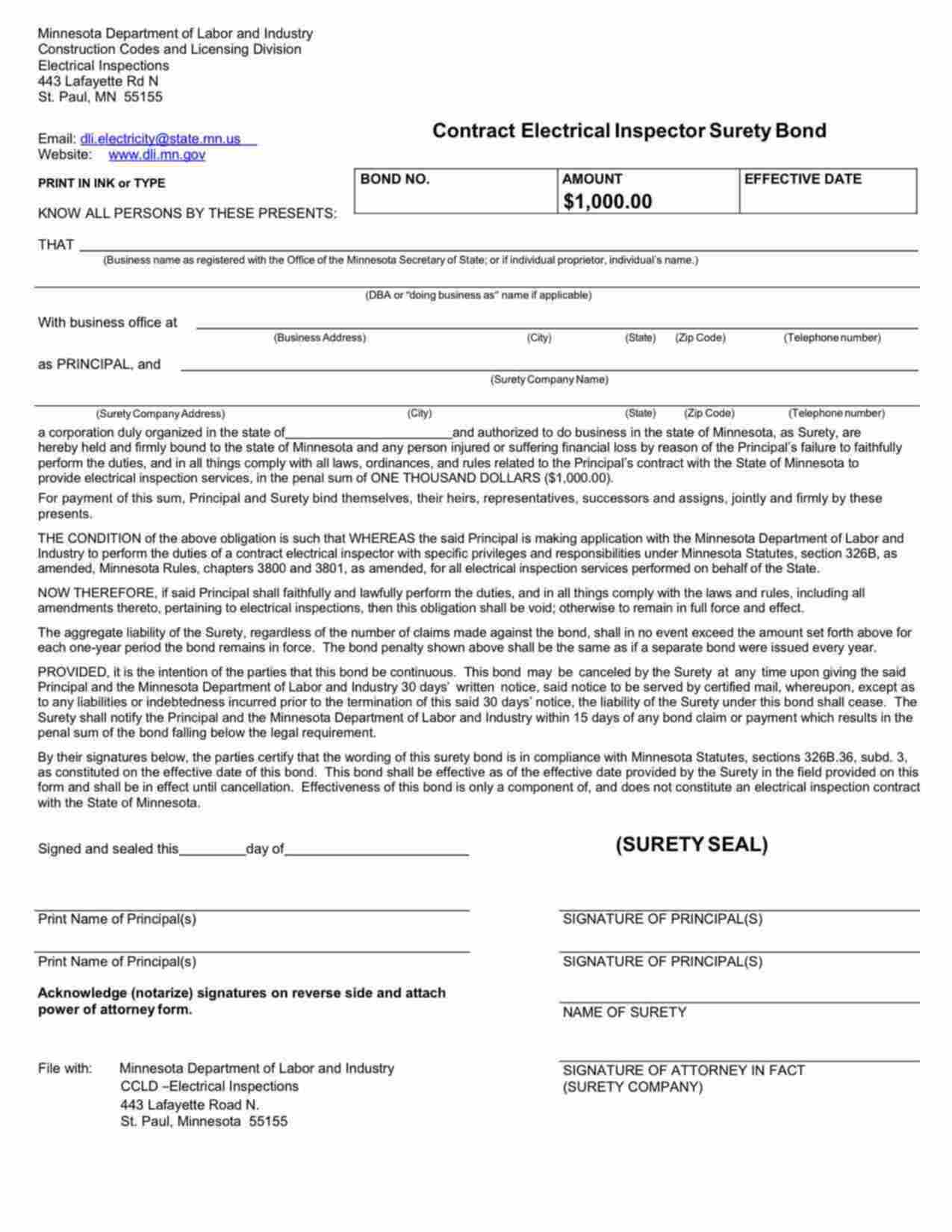 Minnesota Contract Electrical Inspector Bond Form