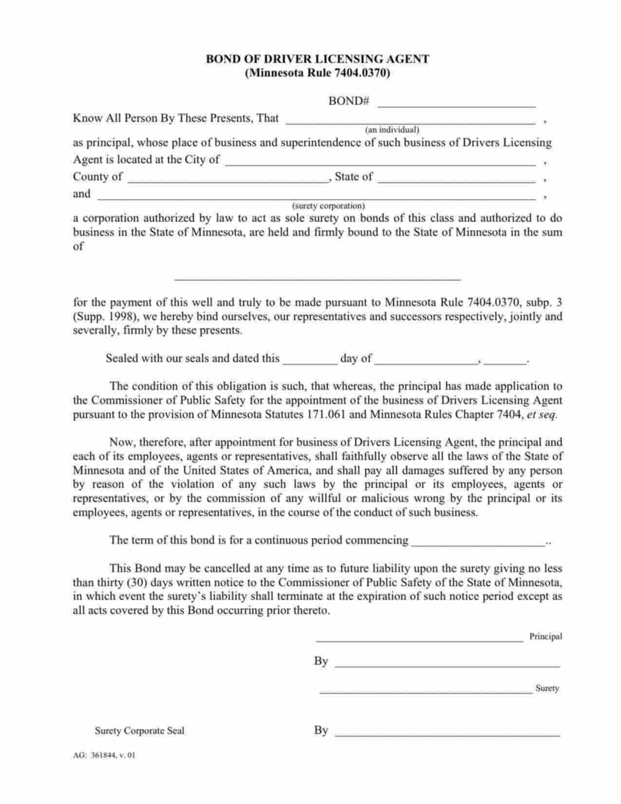 Minnesota Driver Licensing Agent Bond Form