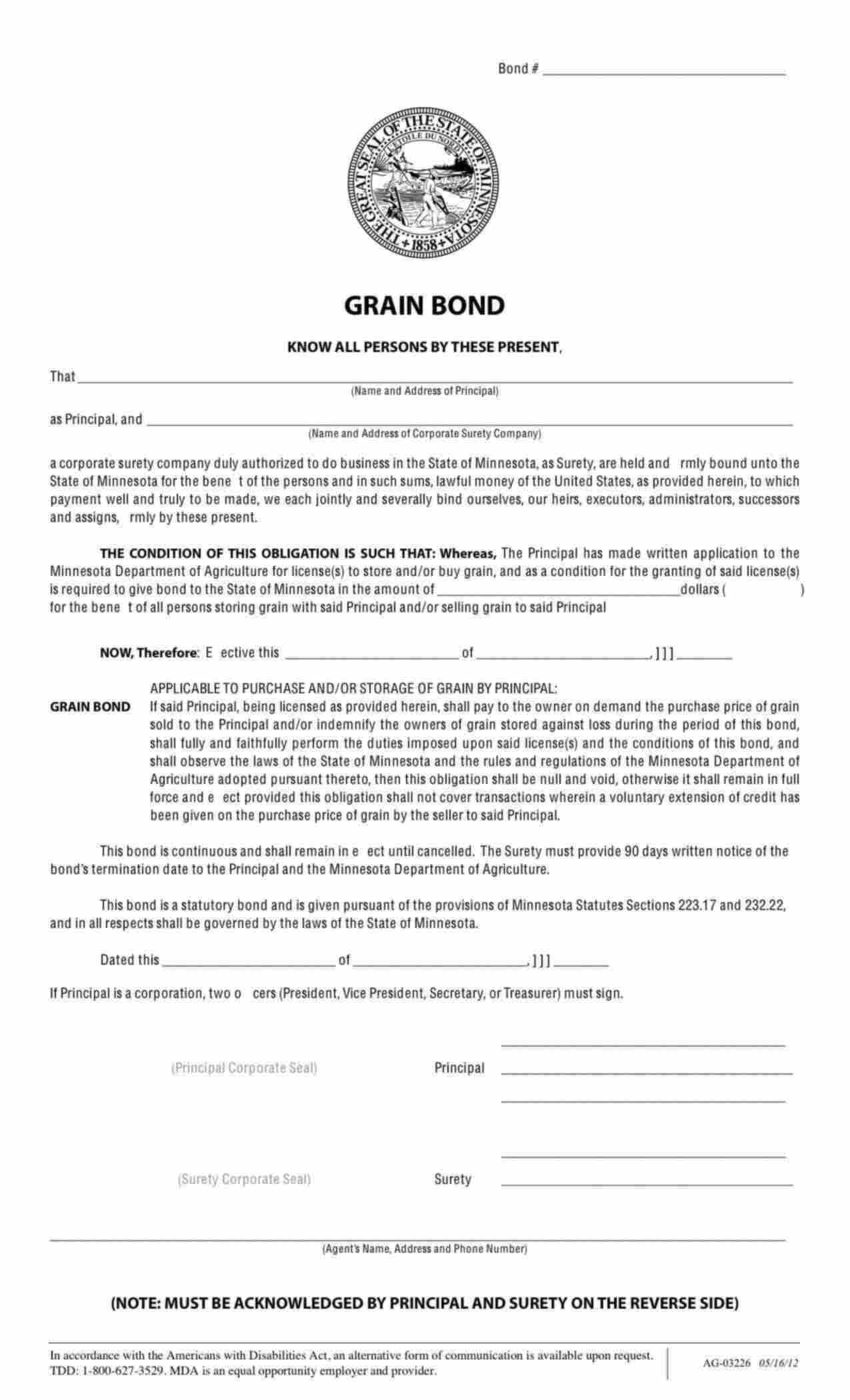 Minnesota Grain Storage Bond Form